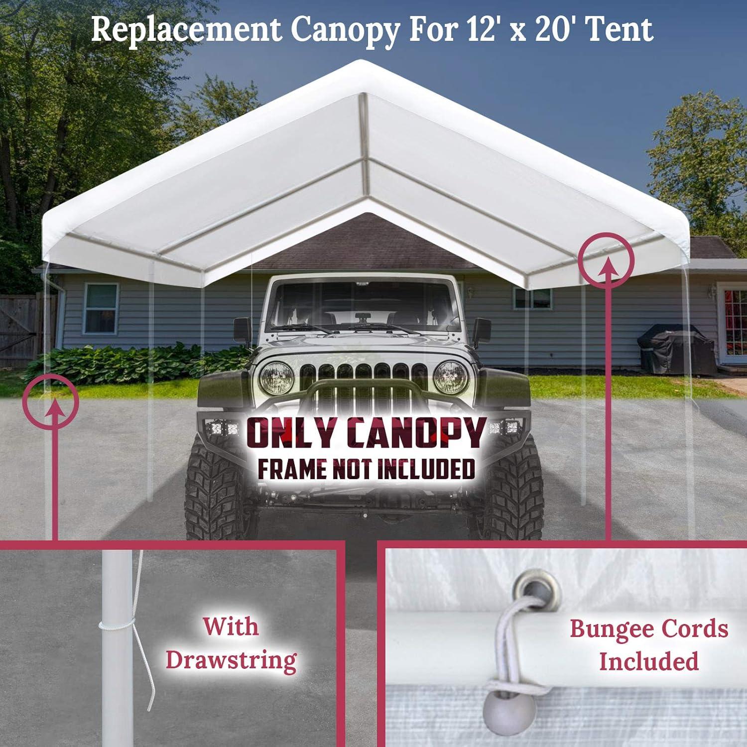 12 x 20 Feet Replacement Top Canopy Roof Cover for Carport Garage Shelter with Bungees, Frame Not Included (White)