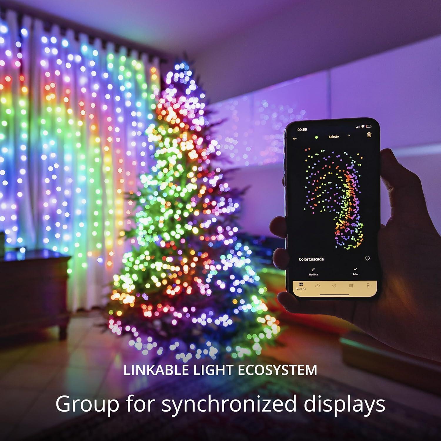 Twinkly Curtain App-Controlled LED Christmas Lights with 210 RGB+W (16 Million Colors + Warm White) LEDs. 5 by 7 feet. Clear Wire