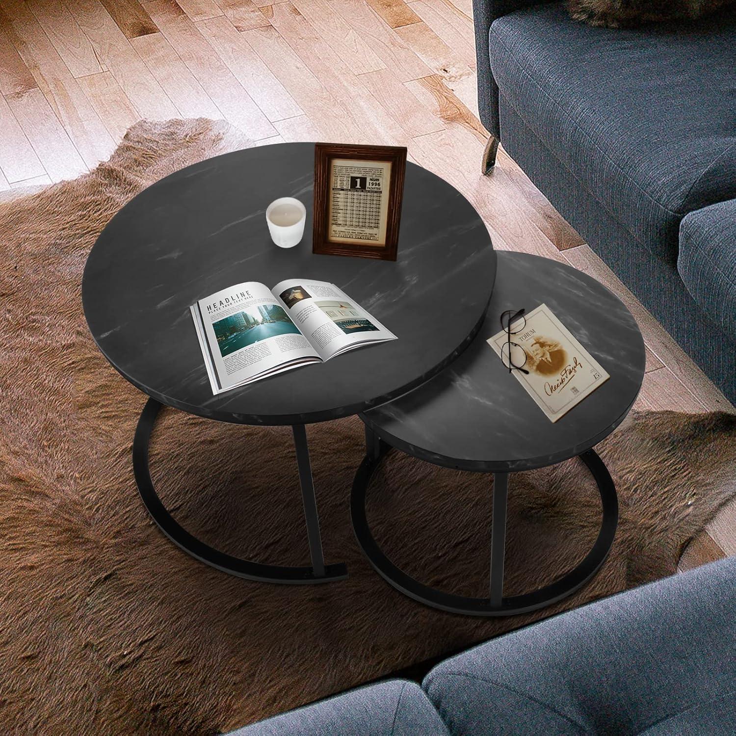 Yesfashion Nesting Coffee Table Set Of 2, 27.6" Round Coffee Table Wood Top With Sturdy Metal Frame, End Table Side Tables For Living Room Bedroom Balcony Yard