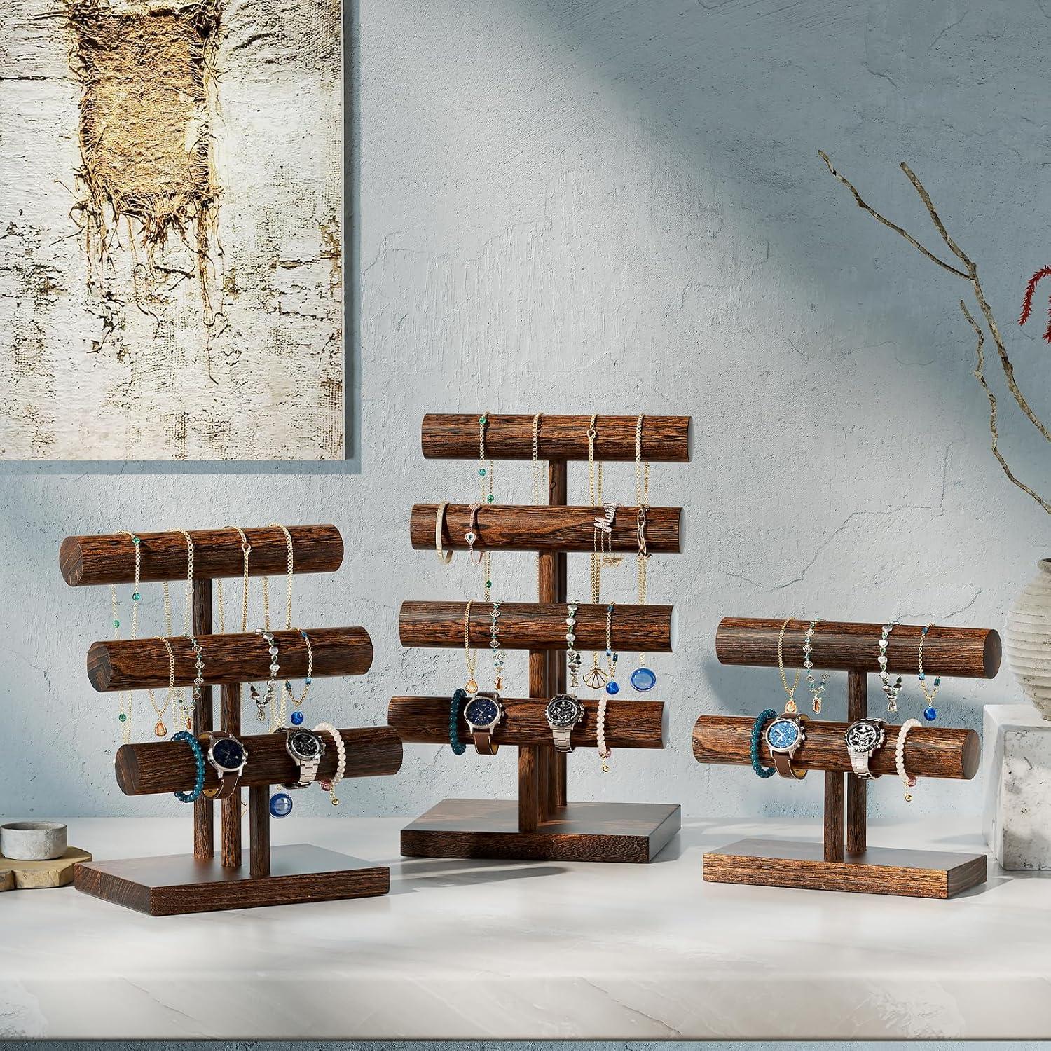 Gracie Oaks Bracelet Holder Display Bracelet Organizer, Wooden Bracelet Stand For Selling, T-Bar Bangle Storage Rack Wood Watch Display Tower For Business - 4 Tier, Brown | Wayfair
