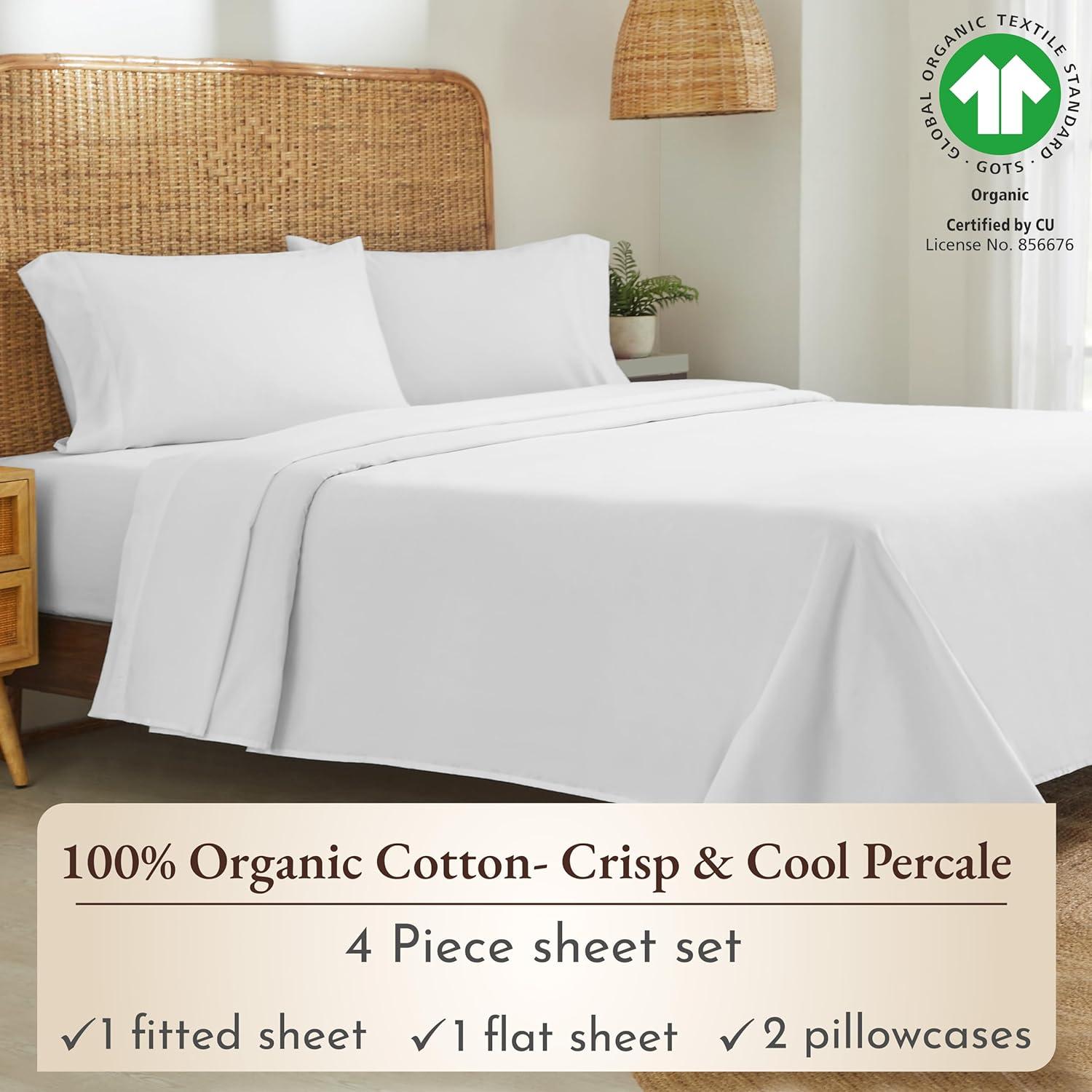 California Design Den  Bed Sheets Set - 100% Organic Cotton Percale, Deep Pocket, GOTS Certified