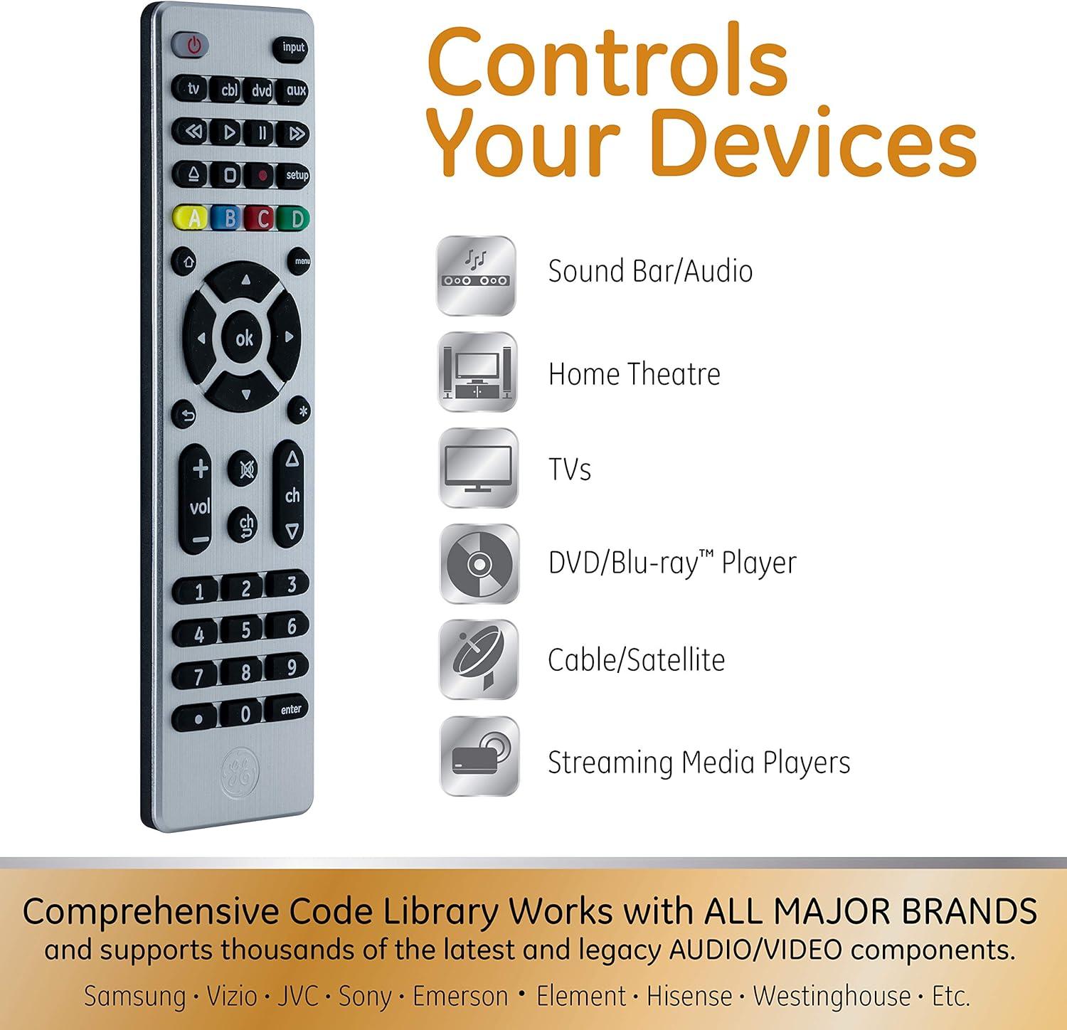 GE 4-Device Universal TV Remote Control in Brushed Silver, 33709