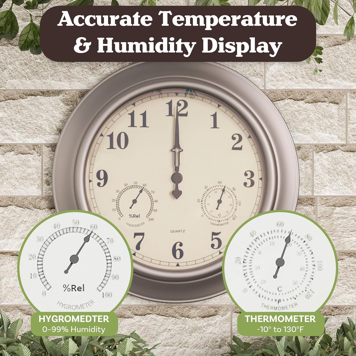 Pure Garden Indoor Outdoor Clock Thermometer Combo - 18-Inch Waterproof Outdoor Wall Clock with Temperature and Humidity by Pure Garden