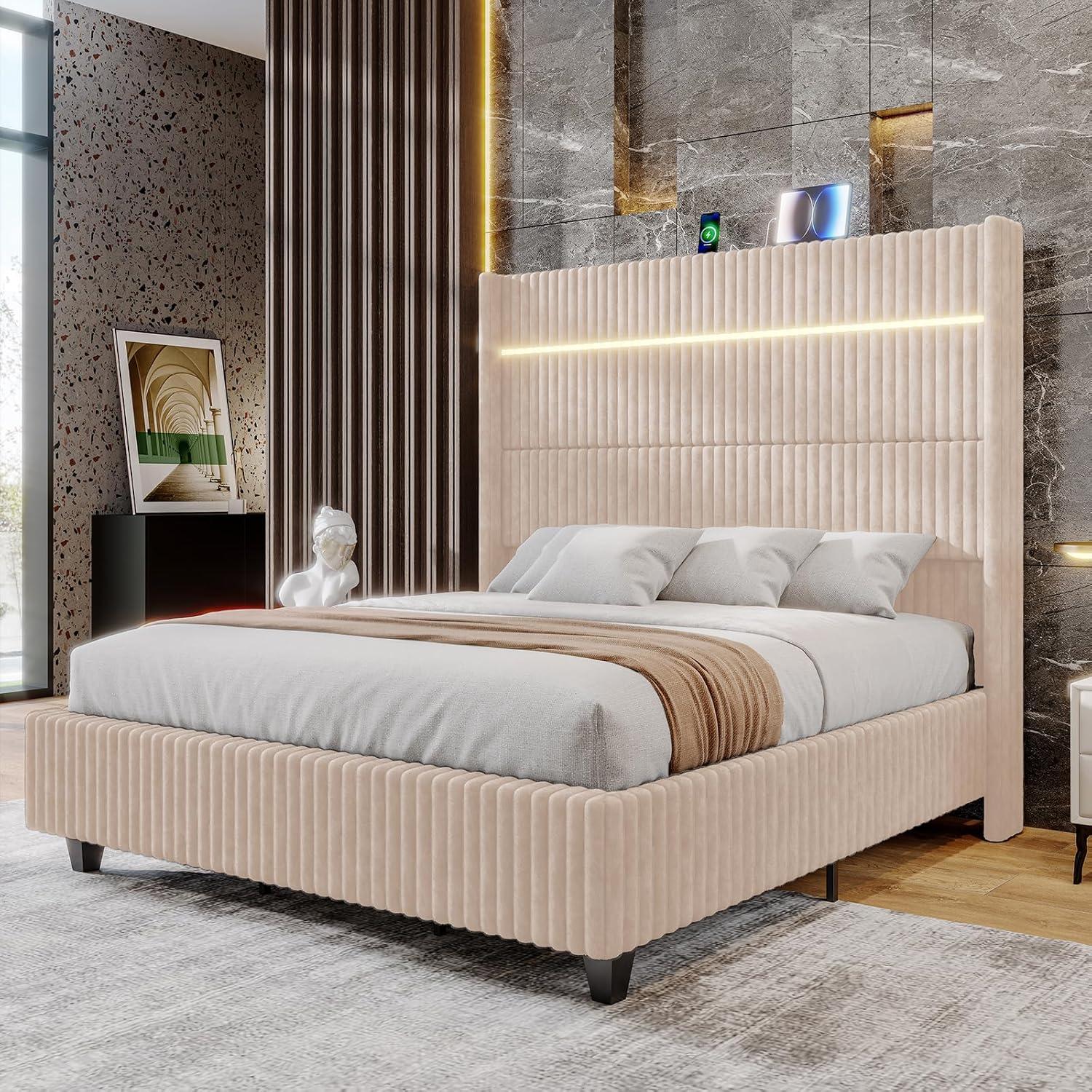 Ivy Bronx LED Bed Frame, Corduroy Upholstered Platform with 60" Tall Headboard & Charging Station