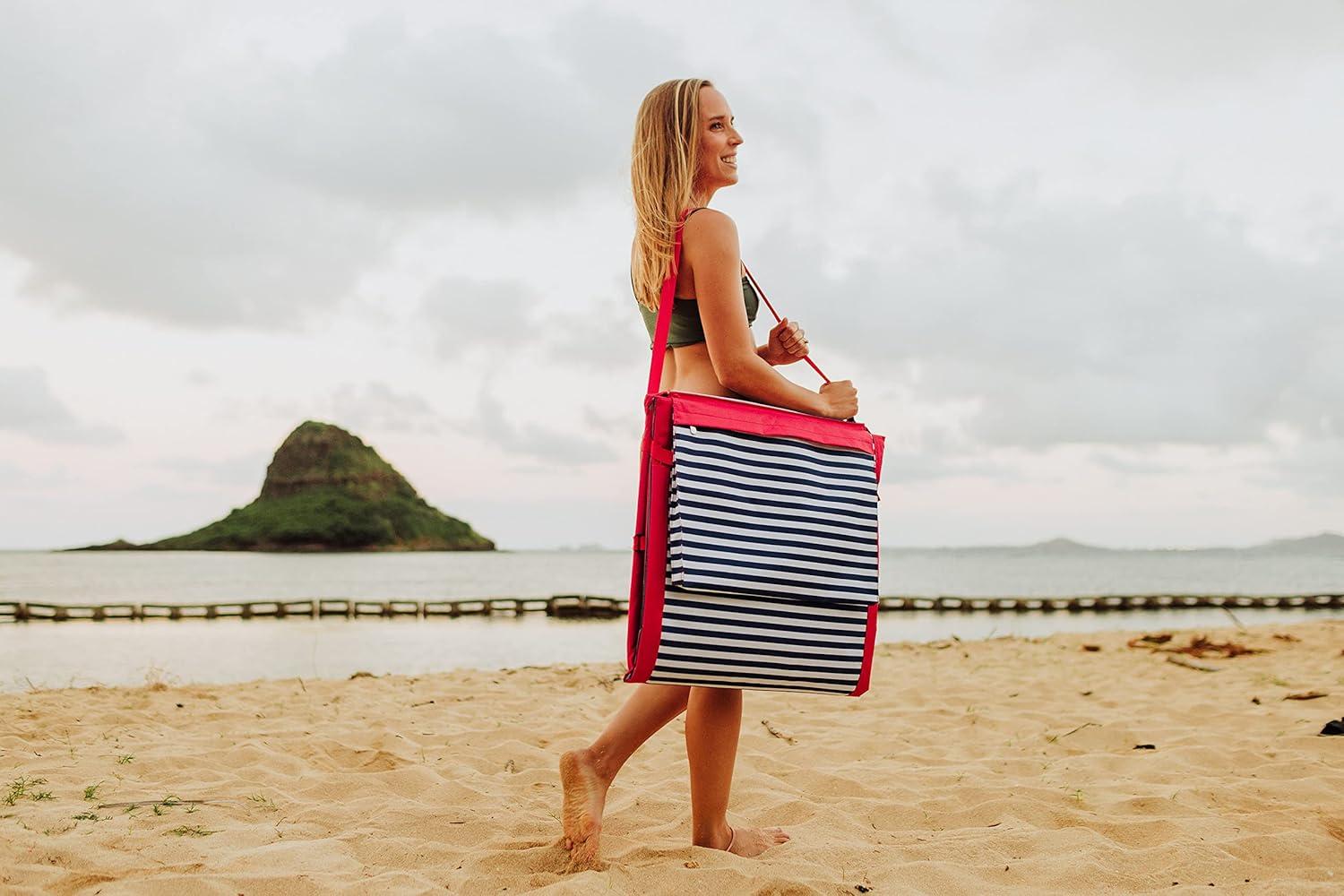 PICNIC TIME Beachcomber Portable Beach Mat - Soft Beach Lounger - Backpack Beach Chair & Tote, (Blue Pinstripe)