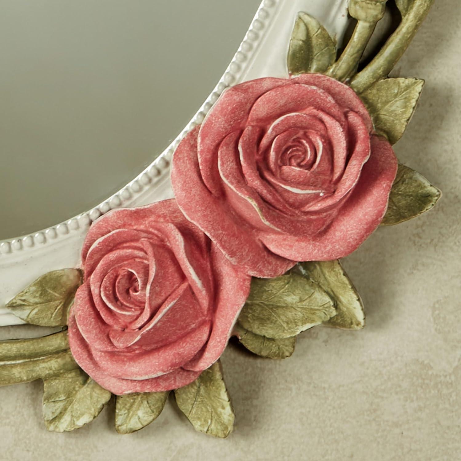 Antique White Oval Resin Wall Mirror with Pink Roses
