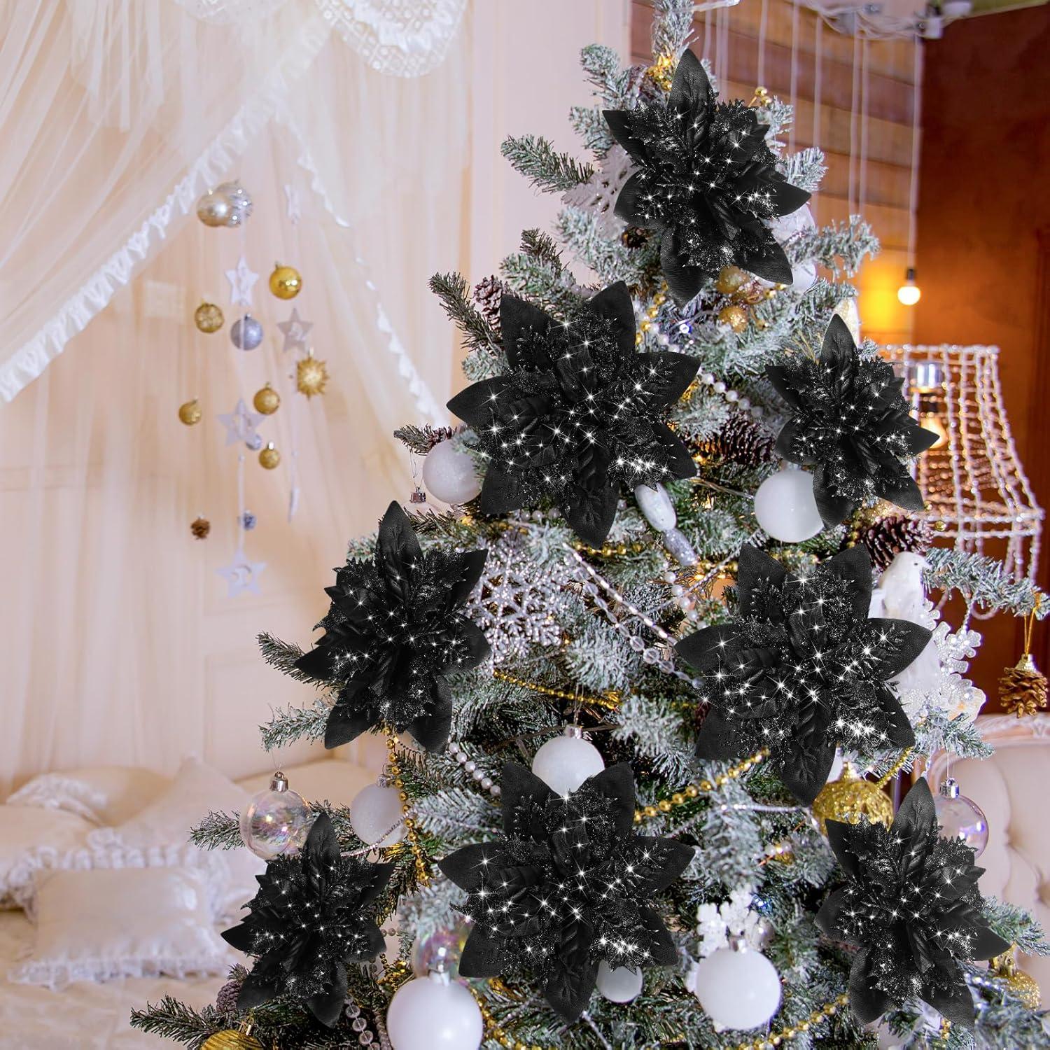 Glitter Christmas Poinsettia Artificial Xmas Flower Ornaments Flowers Decorations with Clips and Stems Glitter Poinsettia Christmas Tree Ornaments for Christmas Wedding (Black,36 Pieces)