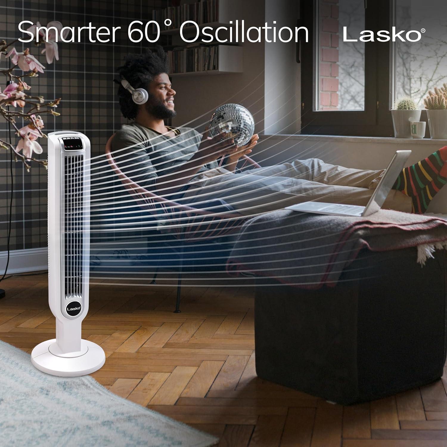 Lasko 3-Speed Remote Controlled Oscillating Tower Fan, White, 2510