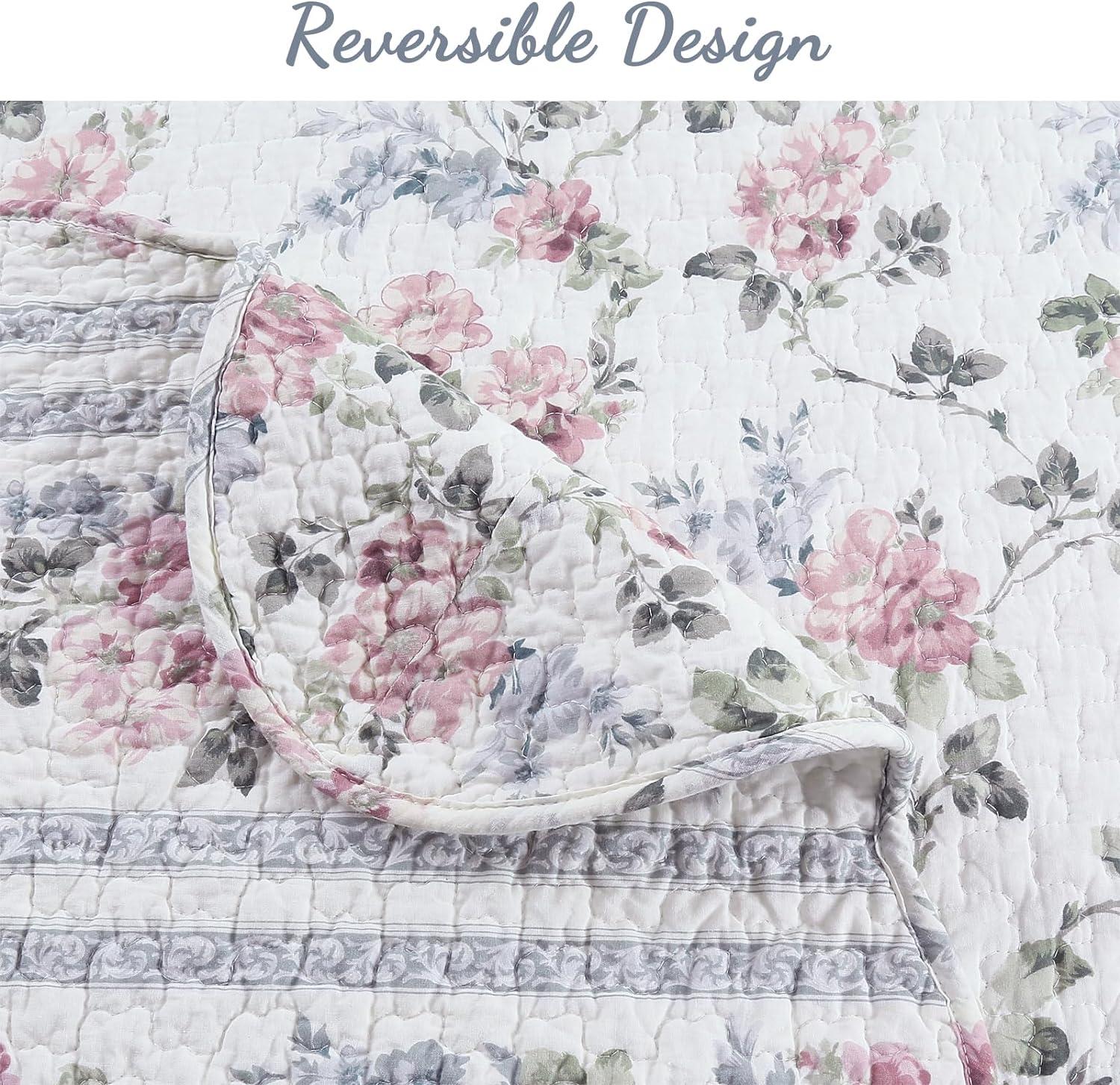 Blue Floral Cotton Reversible King Quilt Set