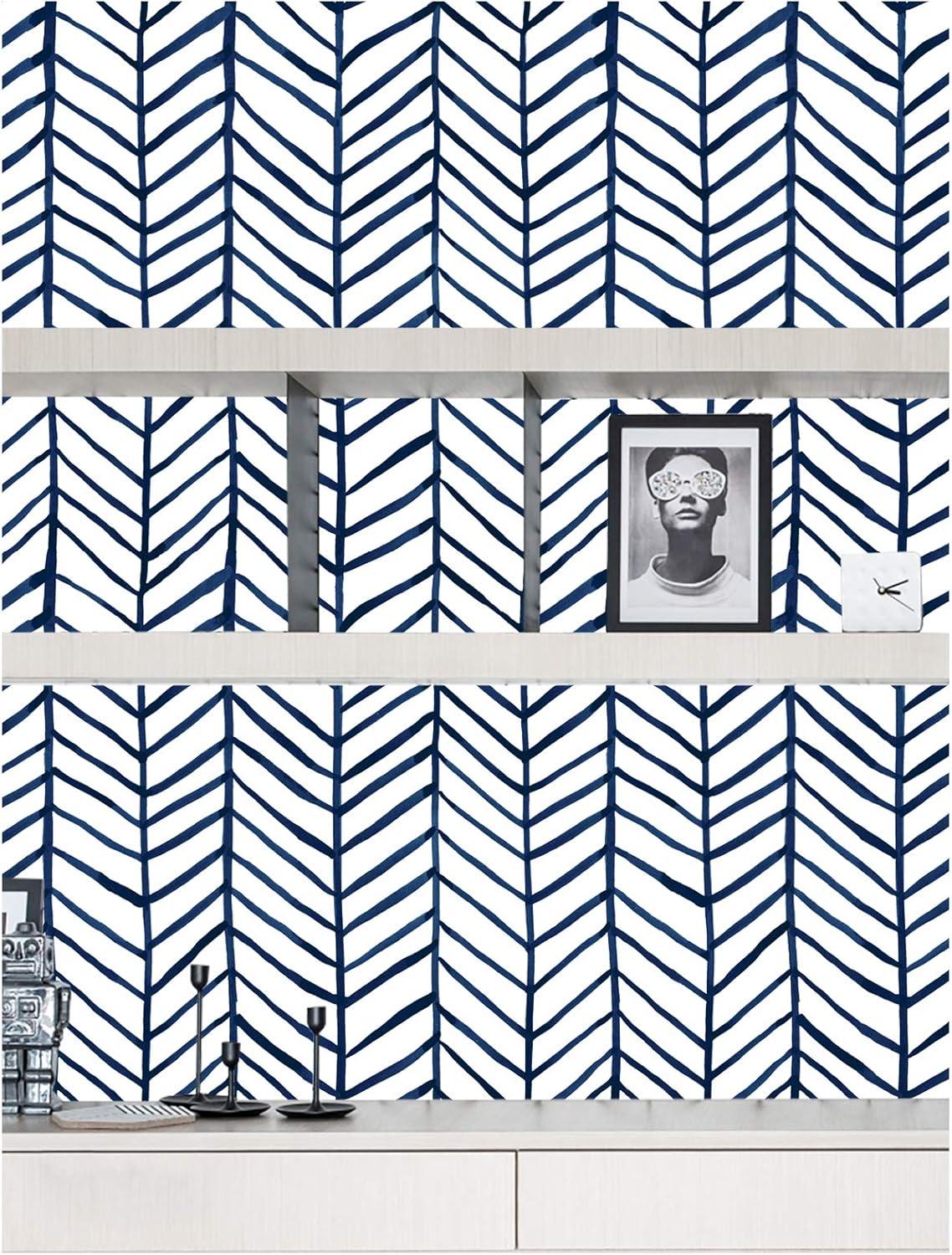 HAOKHOME Blue Wallpaper Navy Peel and Stick Wall Paper Modern Stripe for Bathroom Herringbone Removable Decoration 17.7in x 32.8ft
