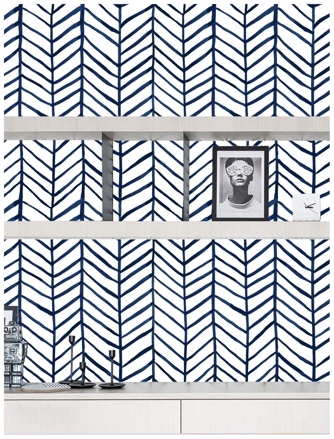 HAOKHOME Blue Wallpaper Navy Peel and Stick Wall Paper Modern Stripe for Bathroom Herringbone Removable Decoration 17.7in x 32.8ft