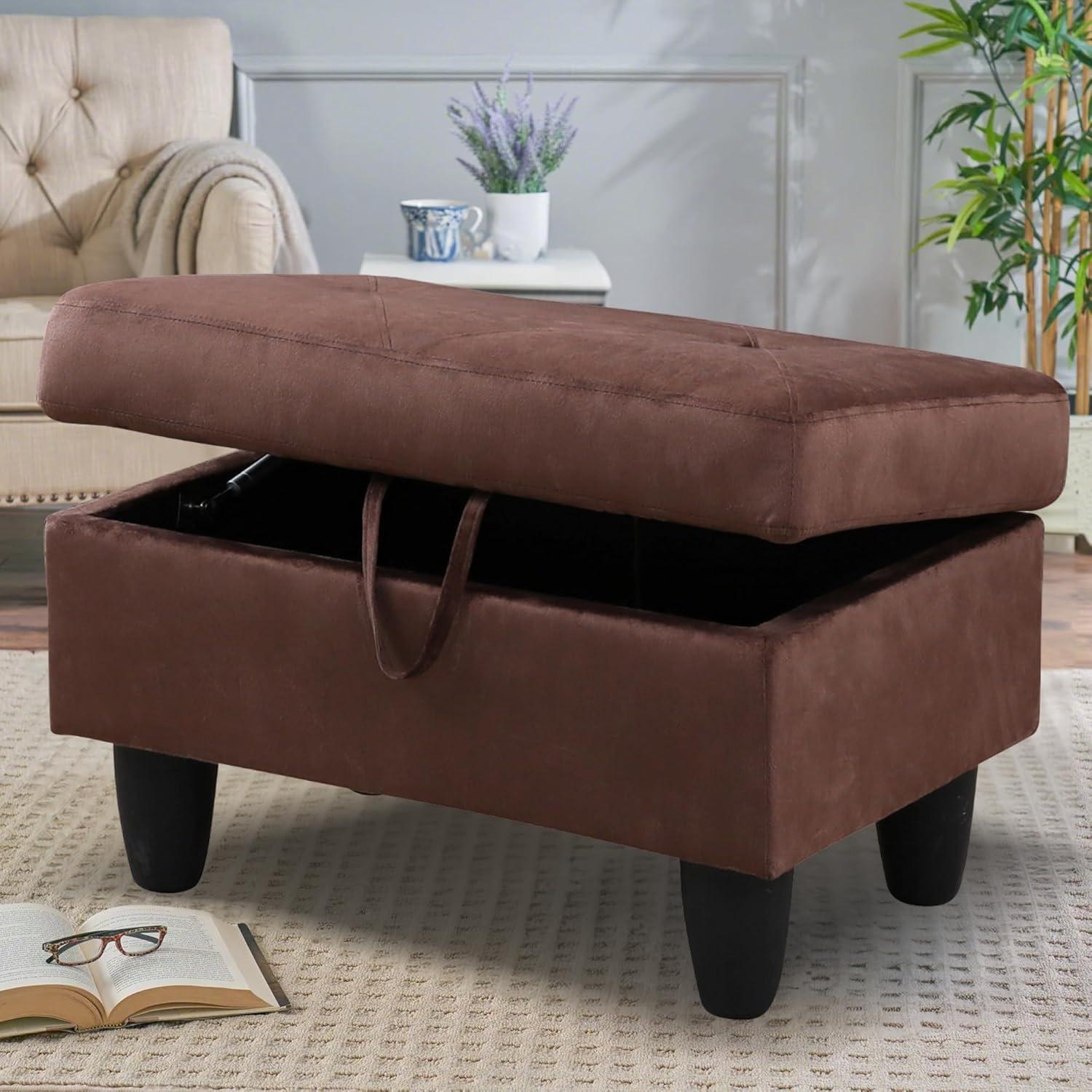 Chocolate Flannel Upholstered Storage Ottoman Bench with Legs