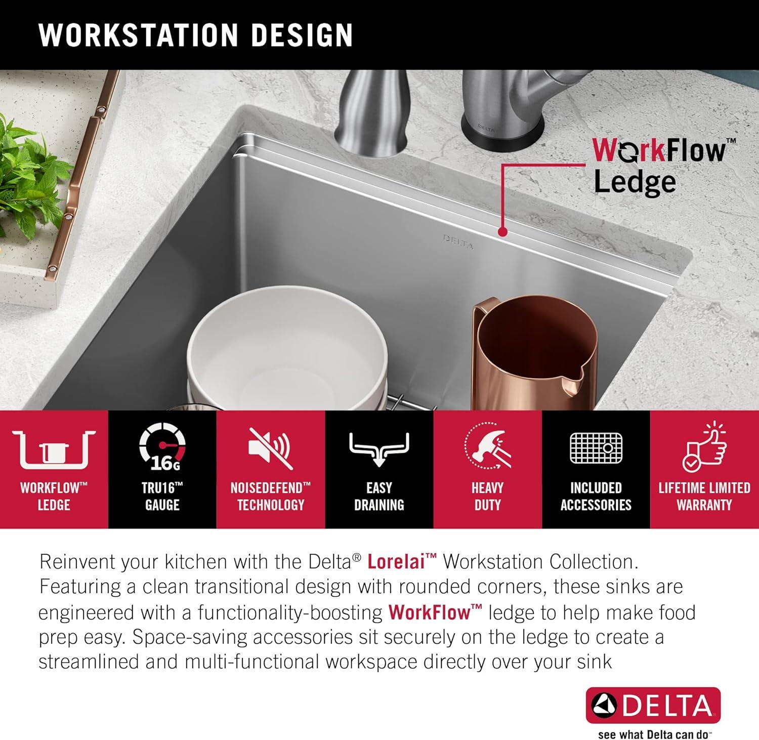 Delta Lorelai™ 17" L Workstation Bar Prep Kitchen Sink Undermount 16 Gauge Stainless Steel Single Bowl