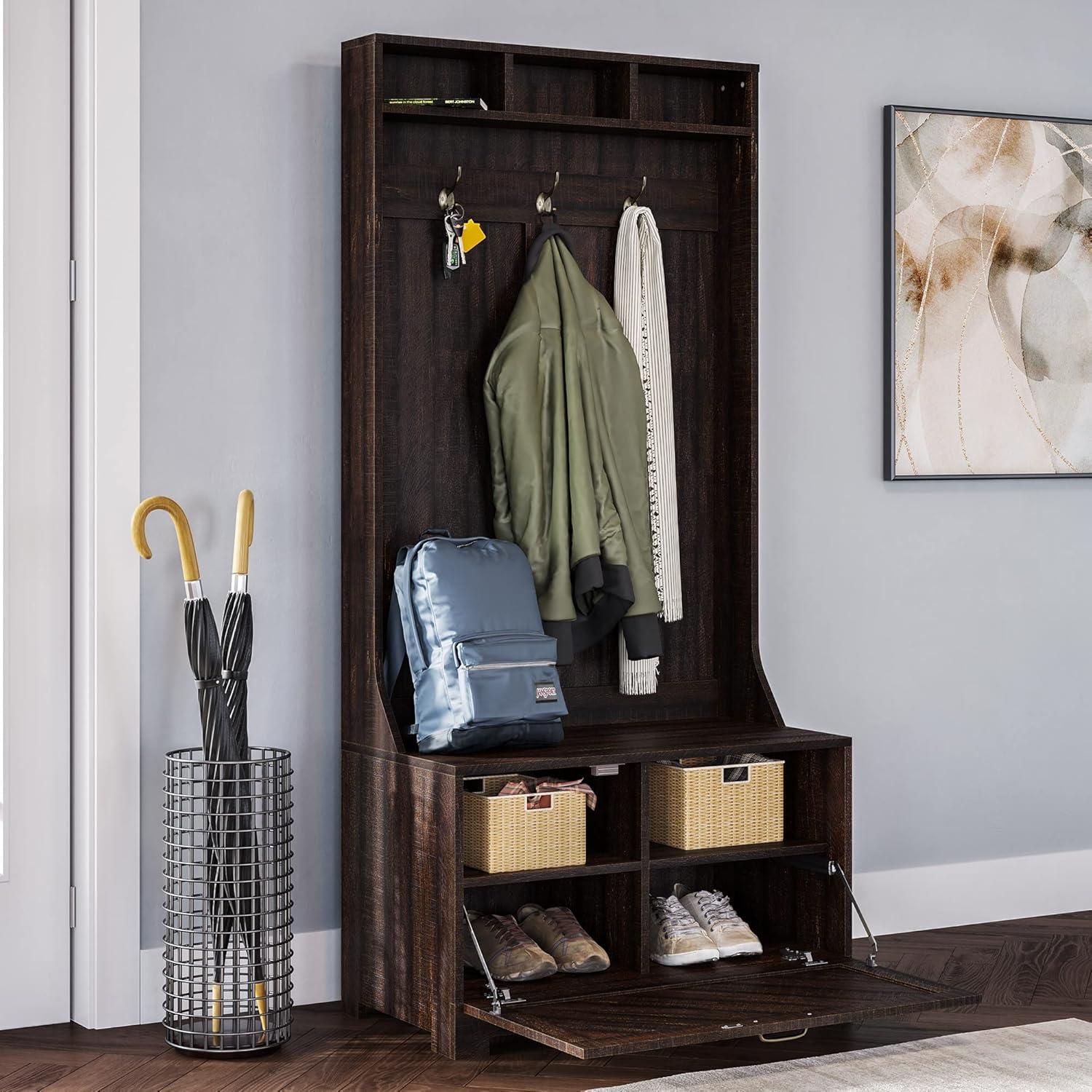 BELLEZE Entryway Hall Tree, Coat Rack, Storage Bench, 3-in-1 Design, Freestanding Shoe Rack - Hilo (Espresso)