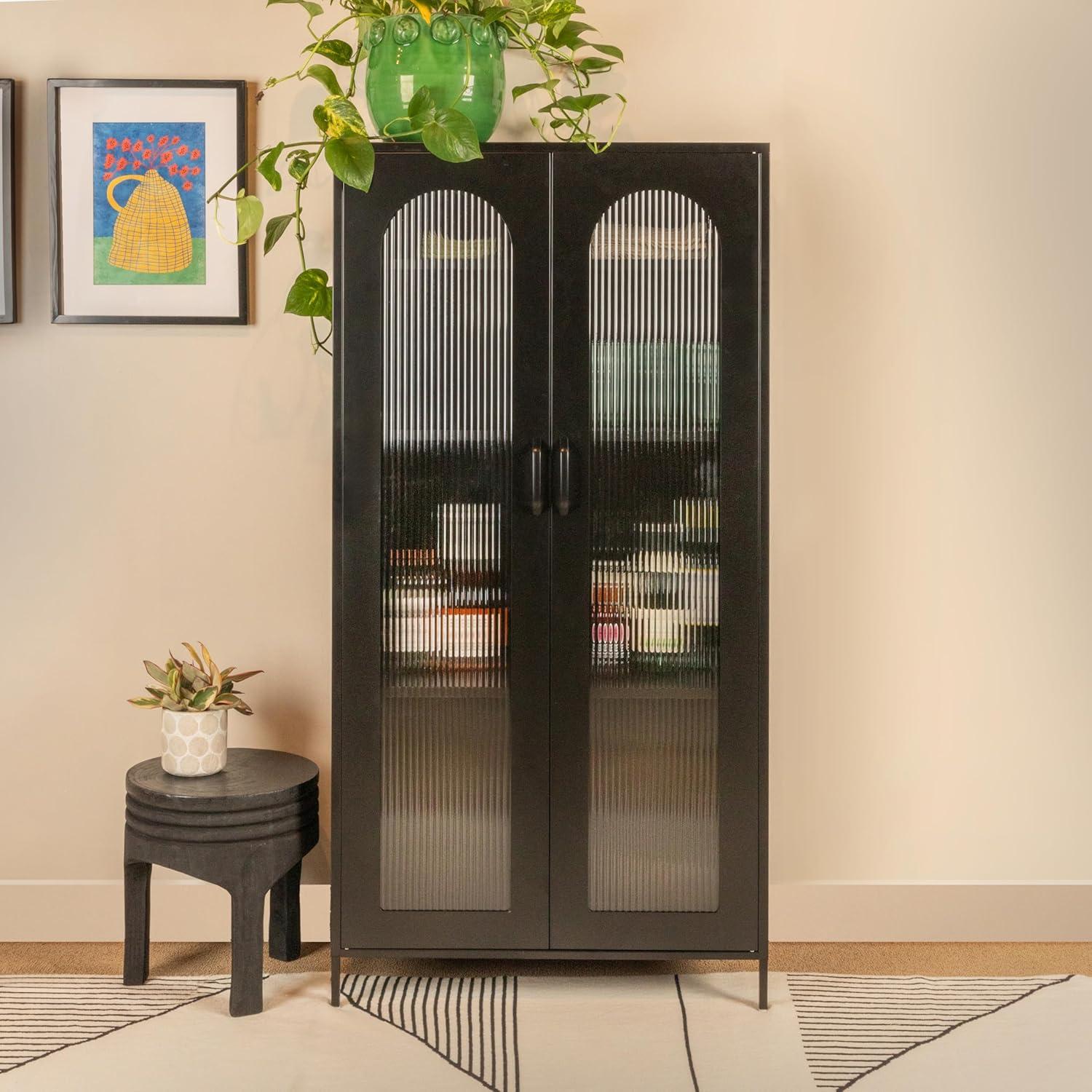 Storied Home Wood Carved Accent Table Matte Black