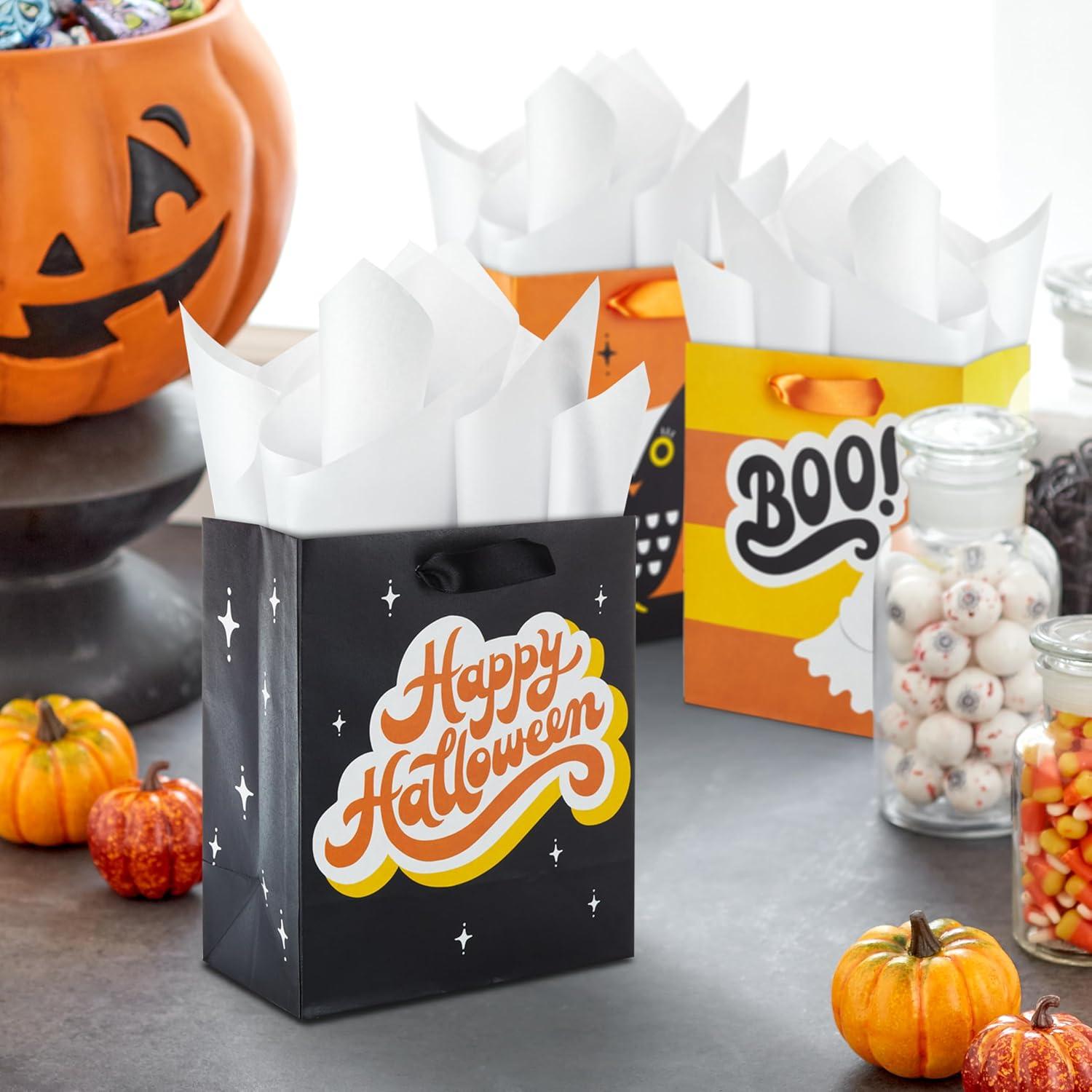 Hallmark 6" Small Halloween Gift Bags (6 Bags, 3 Designs: Owl, Ghost, "Happy Halloween") for Kids, Boo Bags, Classroom Parties, Teacher Gifts