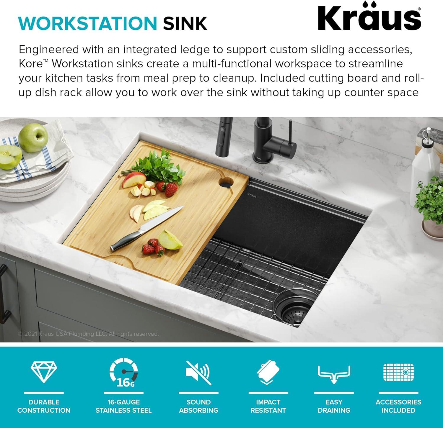 KRAUS Kore™ 27" L Undermount Workstation 16 Gauge Black Stainless Steel Single Bowl Kitchen Sink in PVD Gunmetal Finish