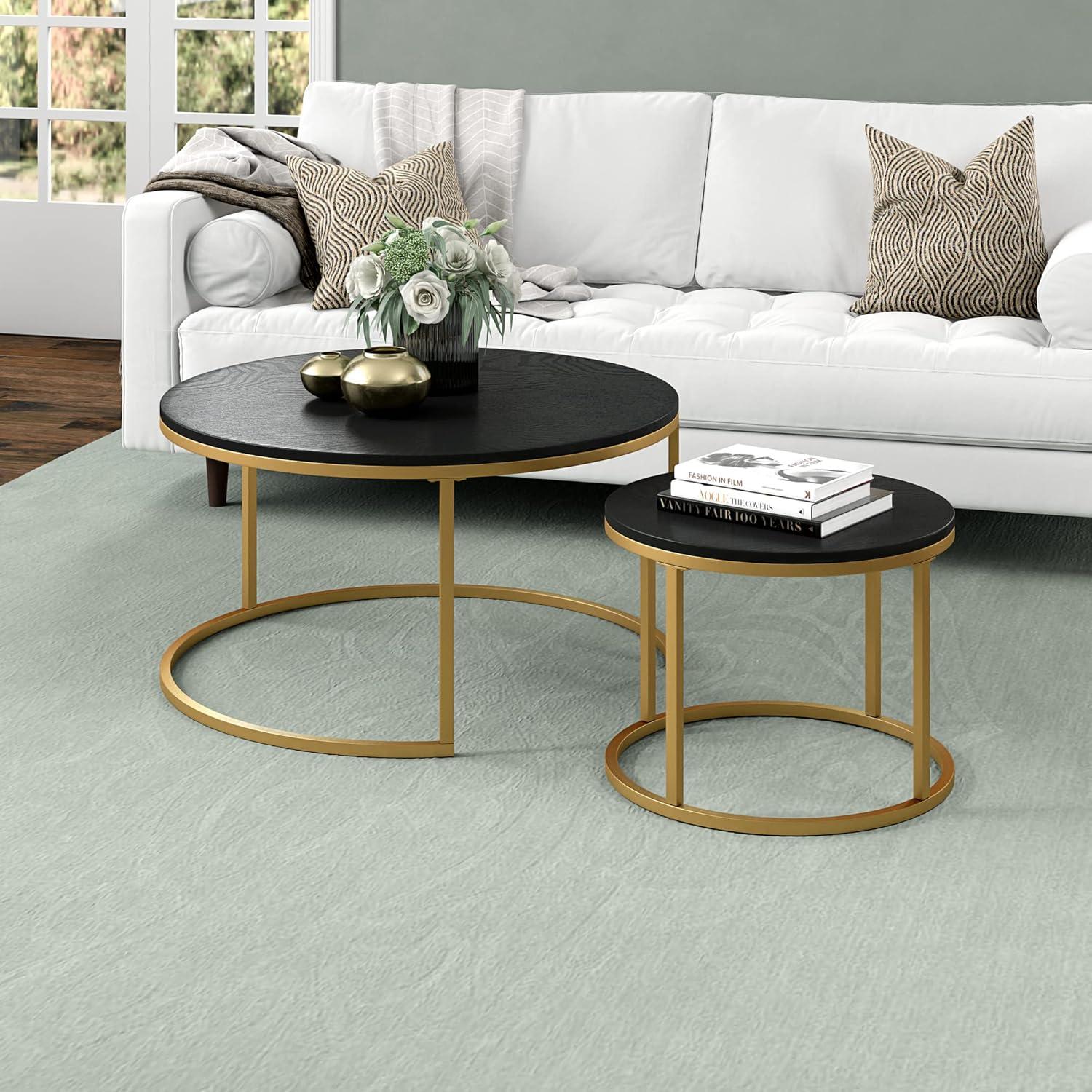 Evelyn&Zoe Watson Round Nested Coffee Table with MDF Top, Gold/Black Grain