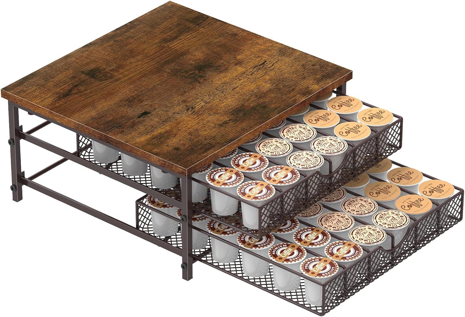 Rustic Brown 2-Tier Coffee Pod Holder with Sliding Baskets