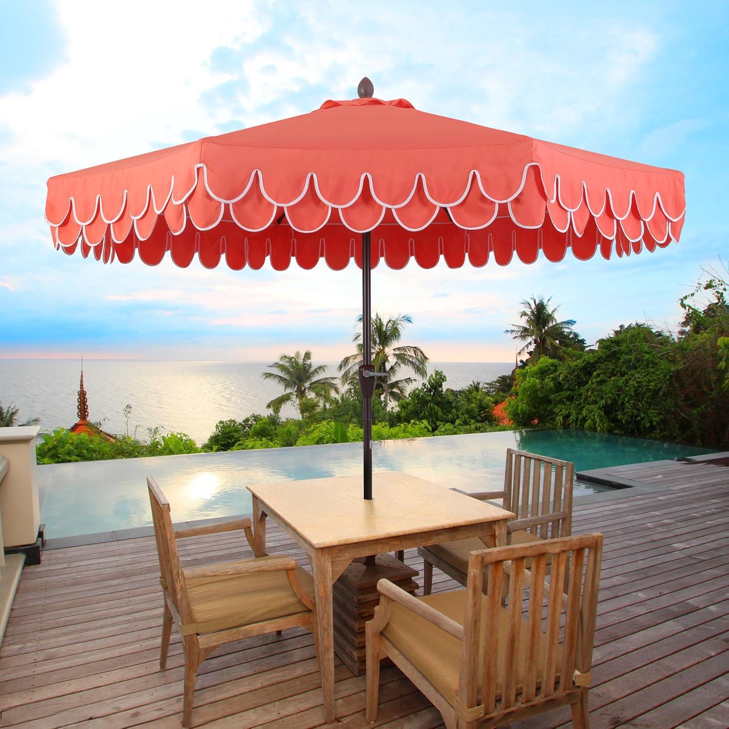 Red Barrel Studio® Beeliar 9 ft. Classic Scalloped Fringe Market Patio Umbrella with Auto-Tilt, Crank, and UV Protection