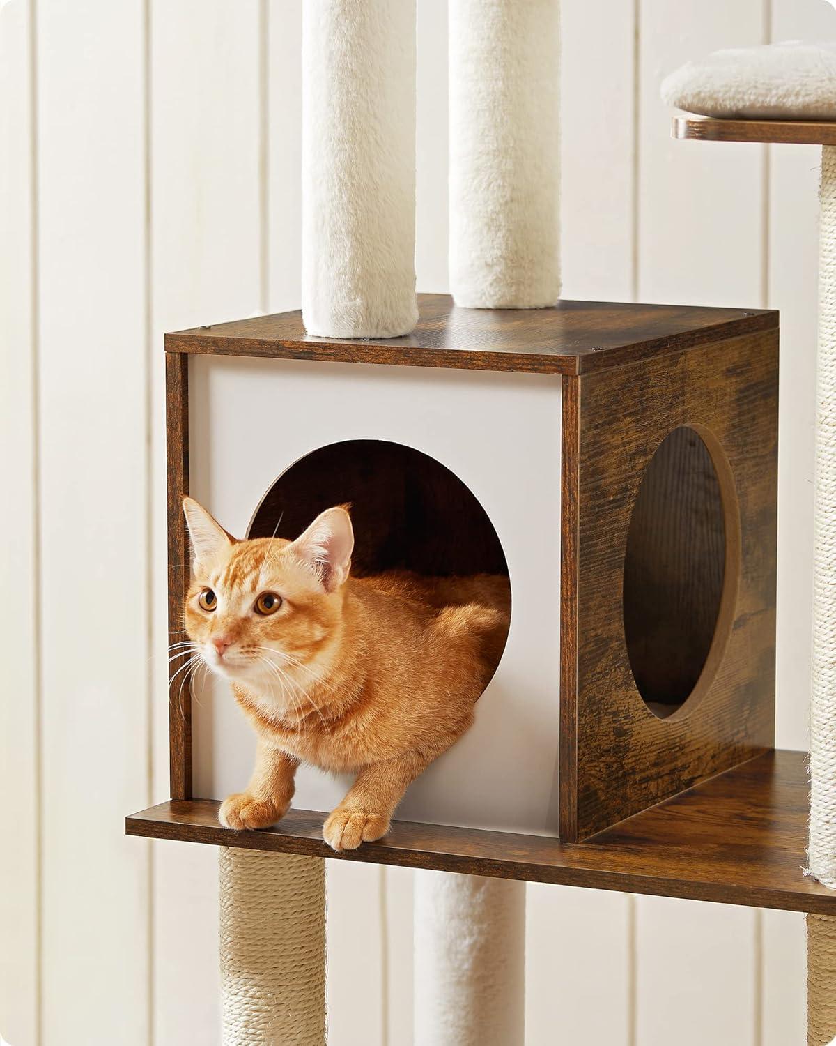 Rustic Brown and Cloud White Multi-Level Cat Tree with Sisal Posts