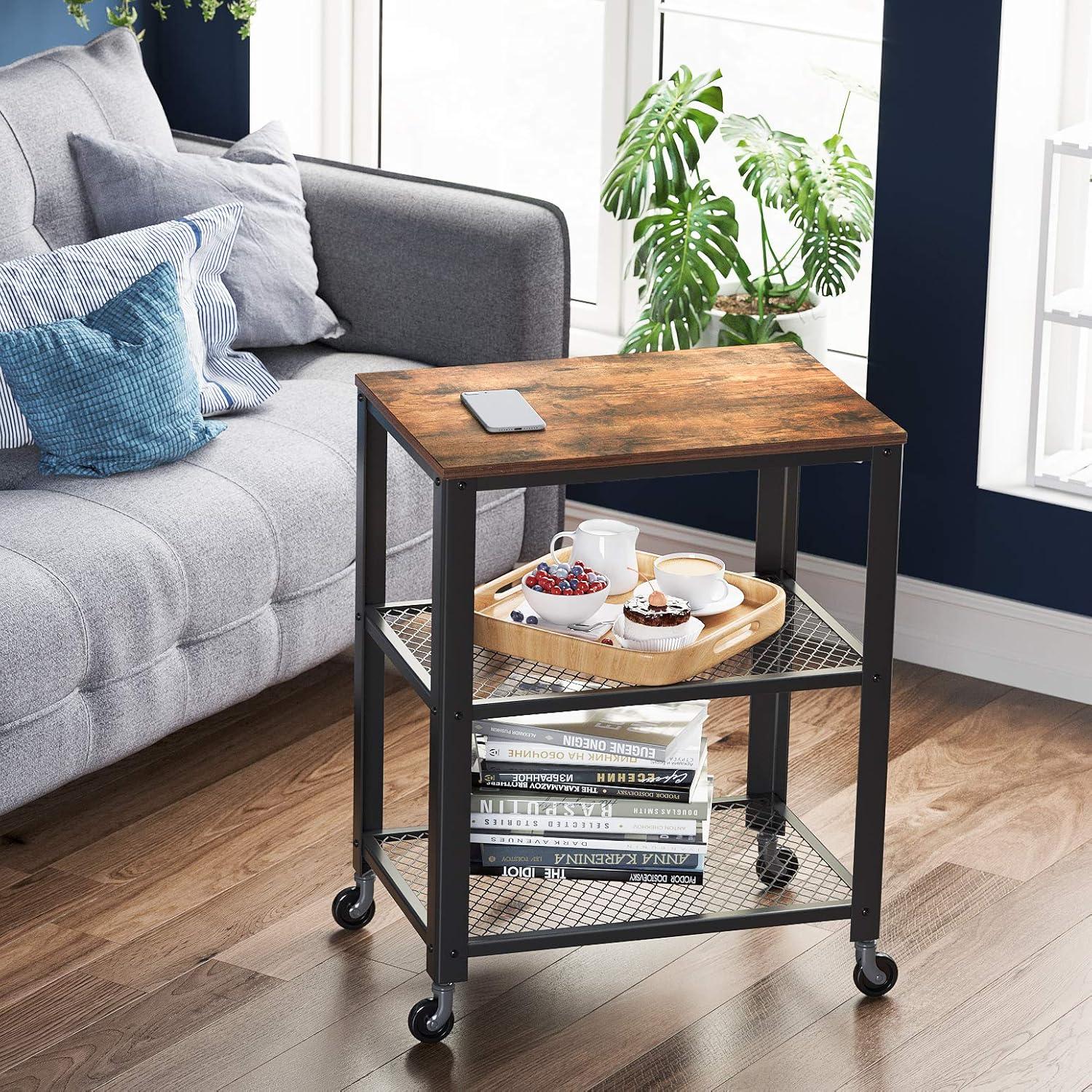 Rustic Brown and Black 3-Tier Industrial Serving Cart with Storage