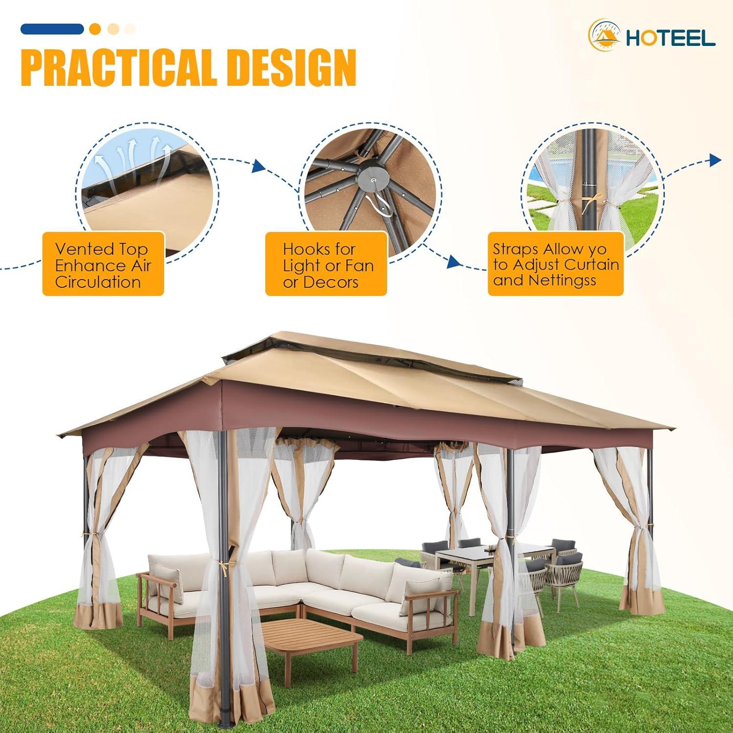 Khaki 12x20 Outdoor Gazebo with Curtains and Netting