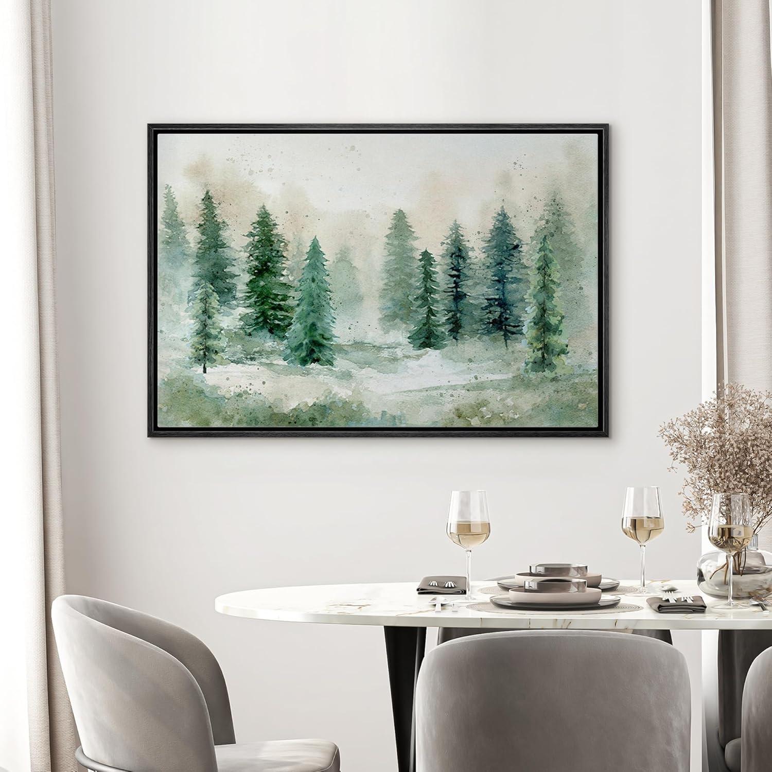 Woodland Forest Landscape " IDEA4WALL Framed Canvas Print Wall Art Woodland Nursery Decor Pastel Green Pine Tree Forest Landscape Nature Wilderness Fine Art Decorative Rustic For Living Room, Bedroom, Office "