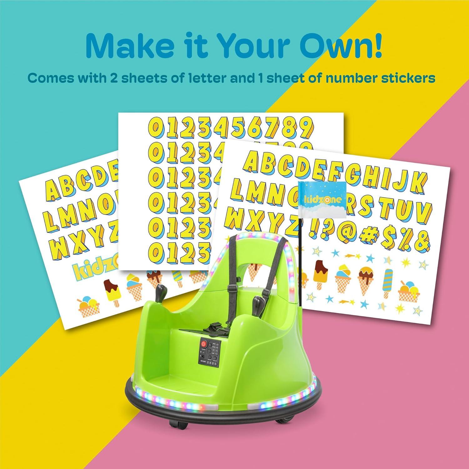 Kidzone WiFi Bumper Car for Toddler & Kids 1.5-6 Years Old, 2 Speeds 12V Electric Ride On Bumping Toy Gifts W/Remote Control, APP Control, LED Lights, Bluetooth, 360°Spin and DIY Sticker, Lemon Green