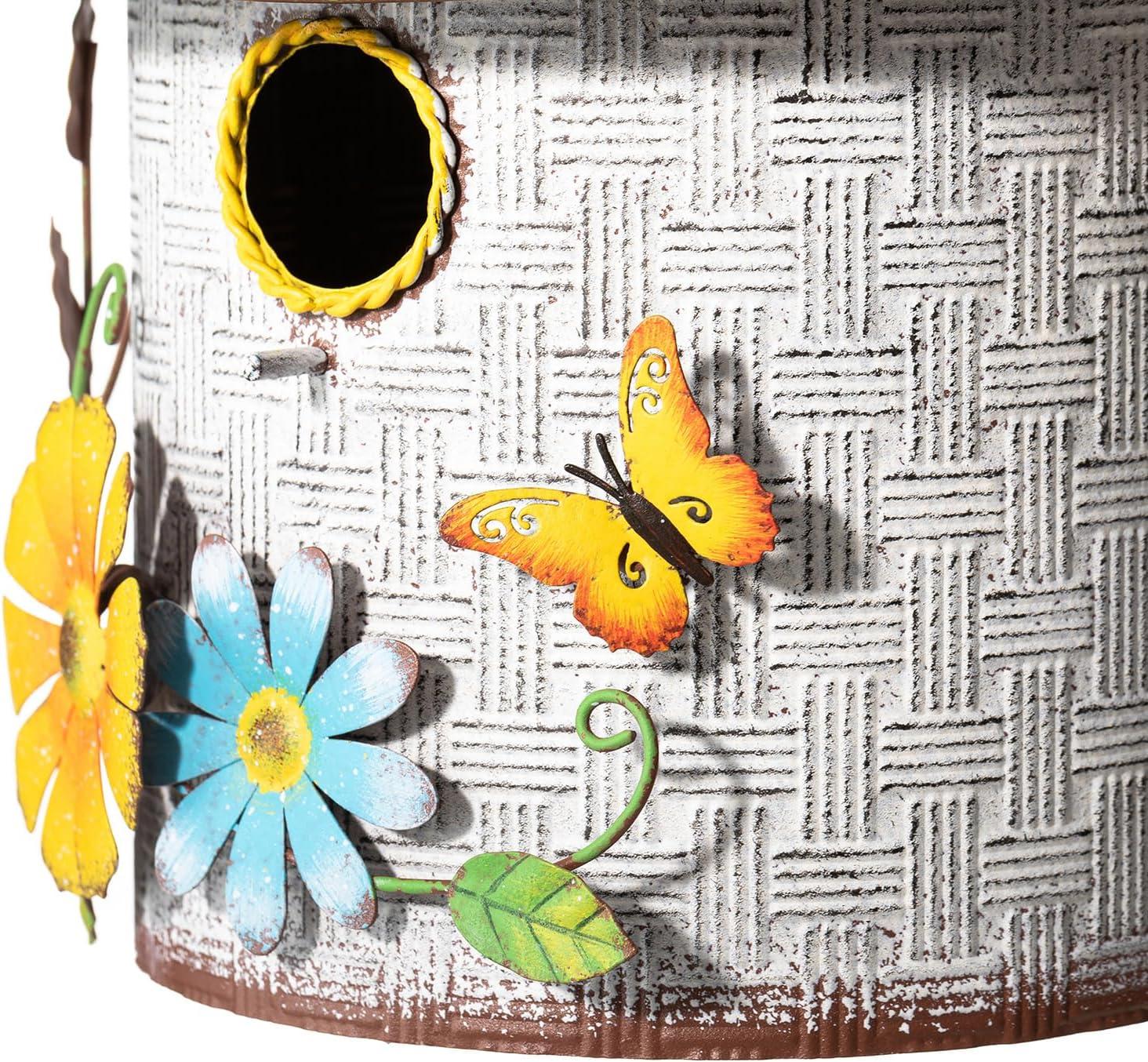 Distressed Metal Cottage Birdhouse with 3D Flowers and Butterfly