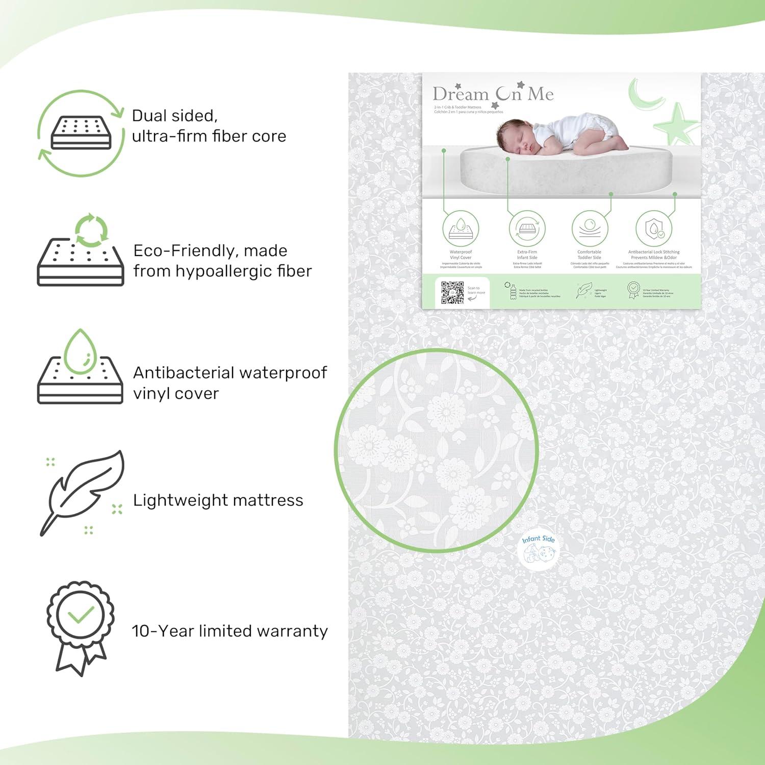 Dream on Me Orthopedic Firm Fiber Dual-Sided Crib & Toddler Mattress, Greenguard Gold Certified, 15 Years Warranty, Grey Embossed