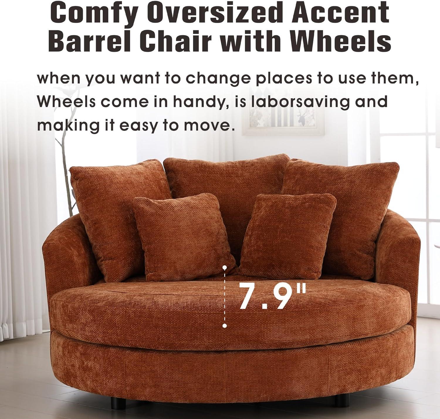 Sinzho & Wiyfun 59.8" W Upholstered Oversized Round Barrel Chair Extra Large Accent Chair with Half Moon Storage Ottoman & Wheels & 5 Pillows for Living Room, Knitted Chenille Fabric, Burnt Orange