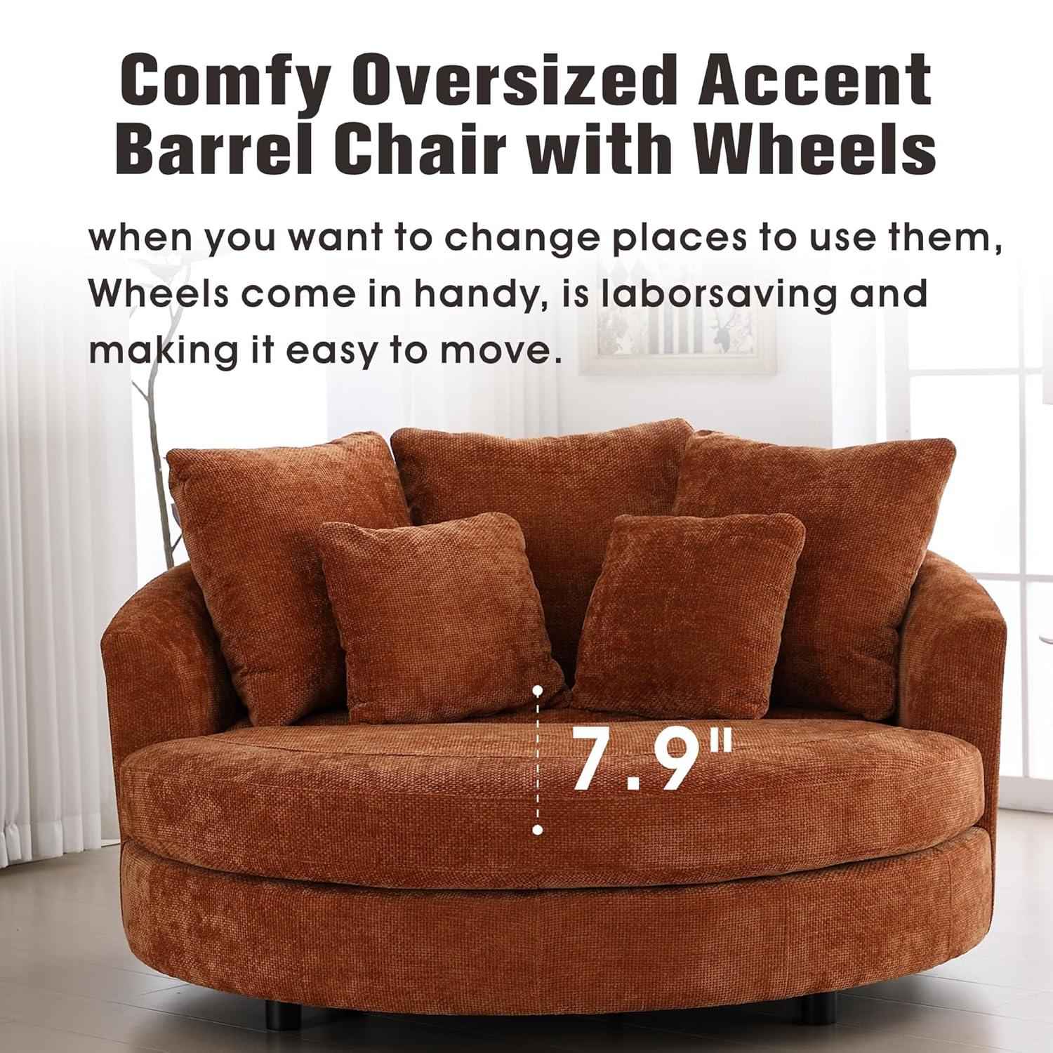 Sinzho & Wiyfun 59.8" W Upholstered Oversized Round Barrel Chair Extra Large Accent Chair with Half Moon Storage Ottoman & Wheels & 5 Pillows for Living Room, Knitted Chenille Fabric, Burnt Orange