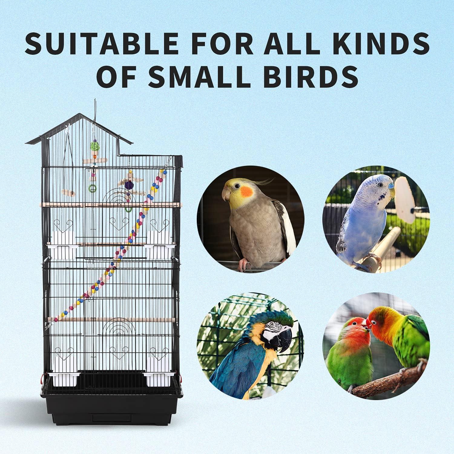 39 Inches Bird Cage Roof Top Large Flight Parrot Bird Cage with Toys for Medium Small Birds, Lovebirds, Finch, Cockatiel Parakeets, Parrot, Iron Bird Cage, Black, 17x14x39 Inch (Pack of 1)