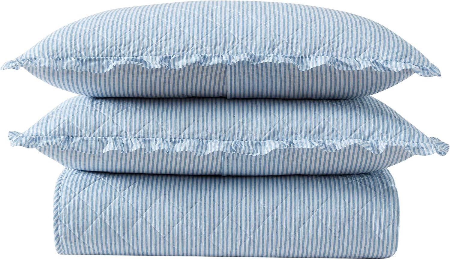 Laura Ashley Oxford Stripe Blue Cotton Reversible Quilt Set