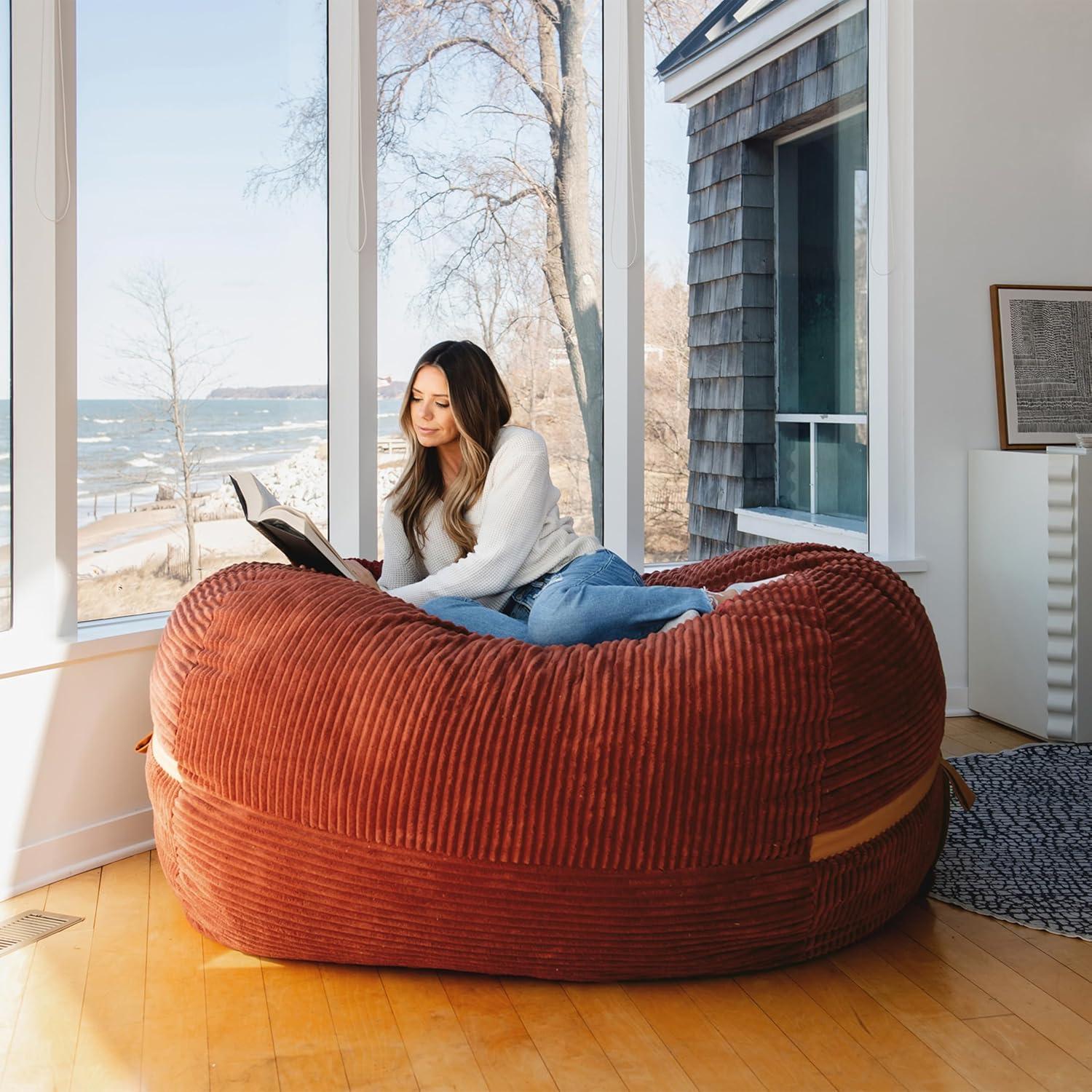 Big Joe Foam Filled Bean Bag Chair with Removable Cover, Corded Plush, Vegan Leather Accents, Medium to XXL Size