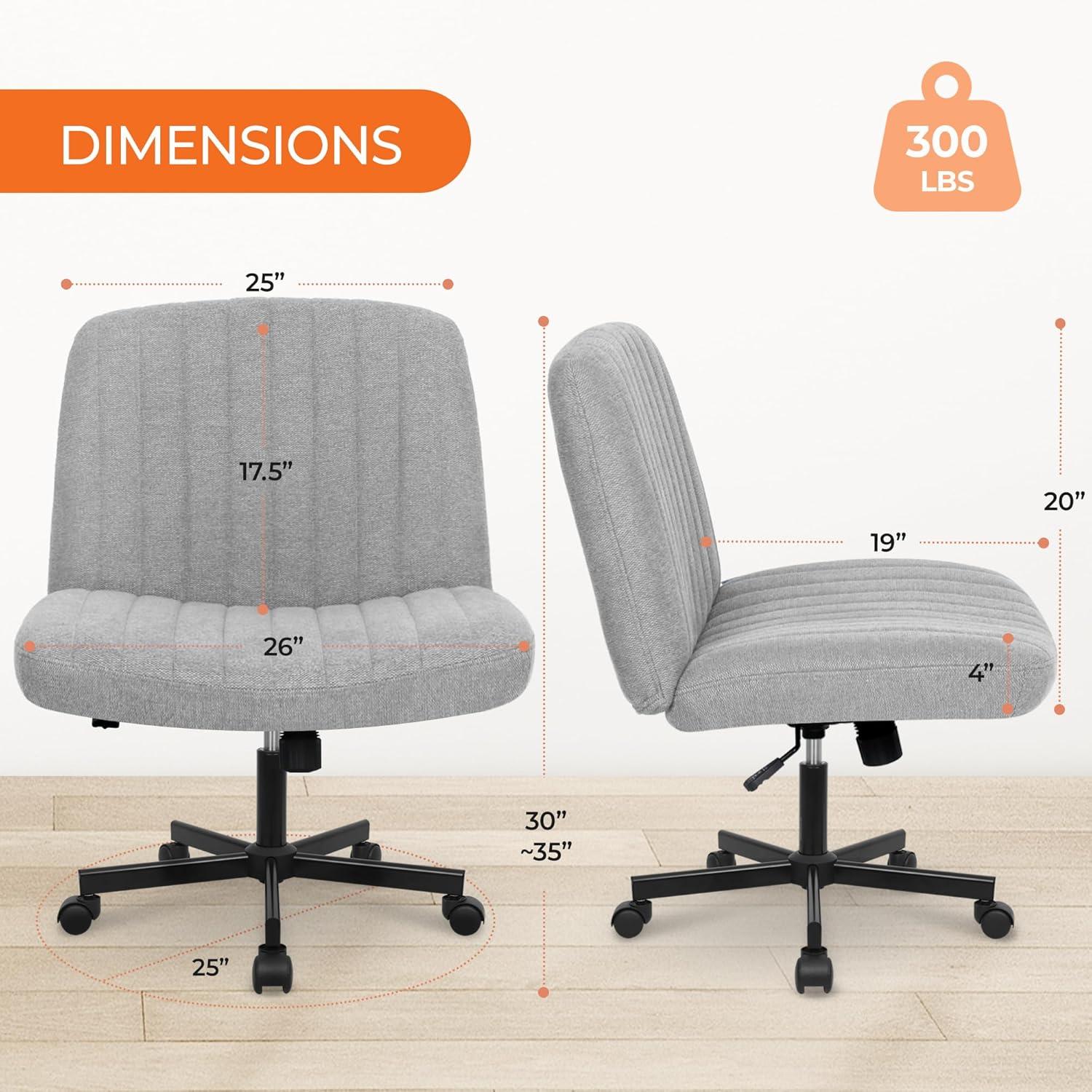 Orange Factory Criss Cross Chair with Wheels, Armless Cross Legged Office Desk Chair, Wide Comfy Vanity Rolling Swivel Modern Comfortable Fabric Computer Task Chairs for Home Office (Grey)