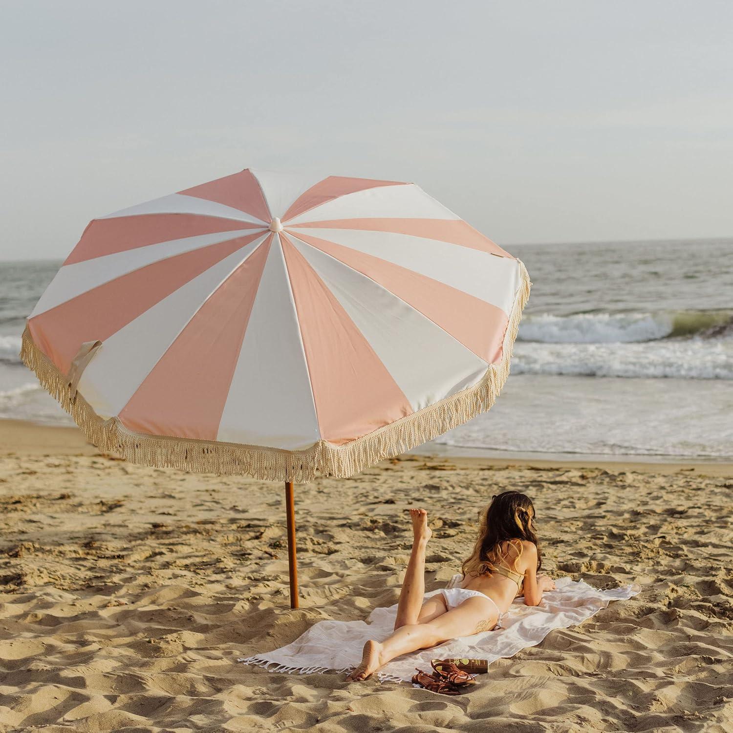 Beach State Summerland 6.5 ft. Diameter Portable Beach Umbrella - Pink Salt Stripe