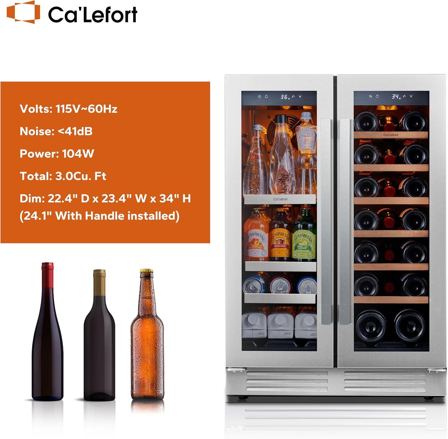 Ca'Lefort 15 Inch Beverage Refrigerator - 80 Can Small Beverage Fridge, Drink Fridge Glass Door 3 LED 34°F -54°F Beverage Cooler Built-in or Freestanding, Perfect for Home/Kitchen(3.0 cu.ft)