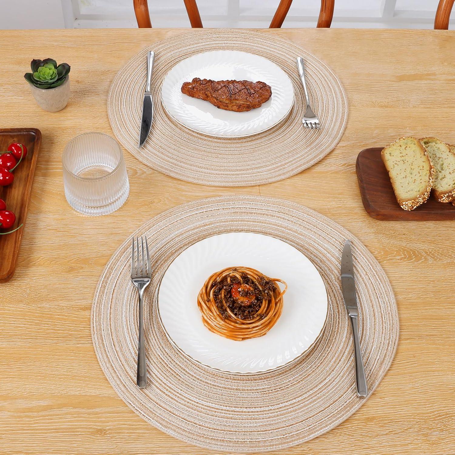 Asija Placemats，Round Cotton Braided Table Place Mats Braided Coaster Placemas Non-Slip Table Mats Placemats Set of 4 for in door Dining Kitchen Table Washable 15 inch