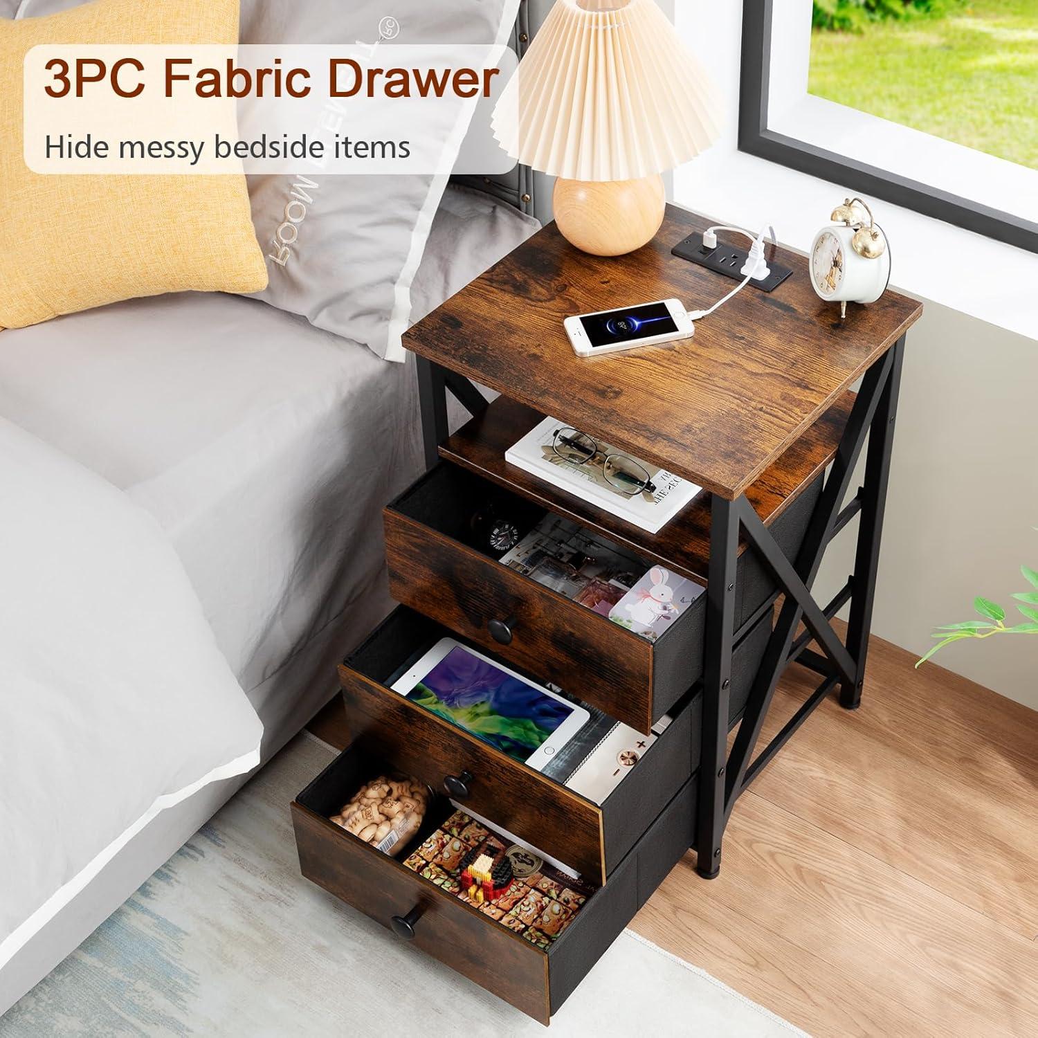 Rustic Brown LED Nightstand Set with Charging Station and Fabric Drawers