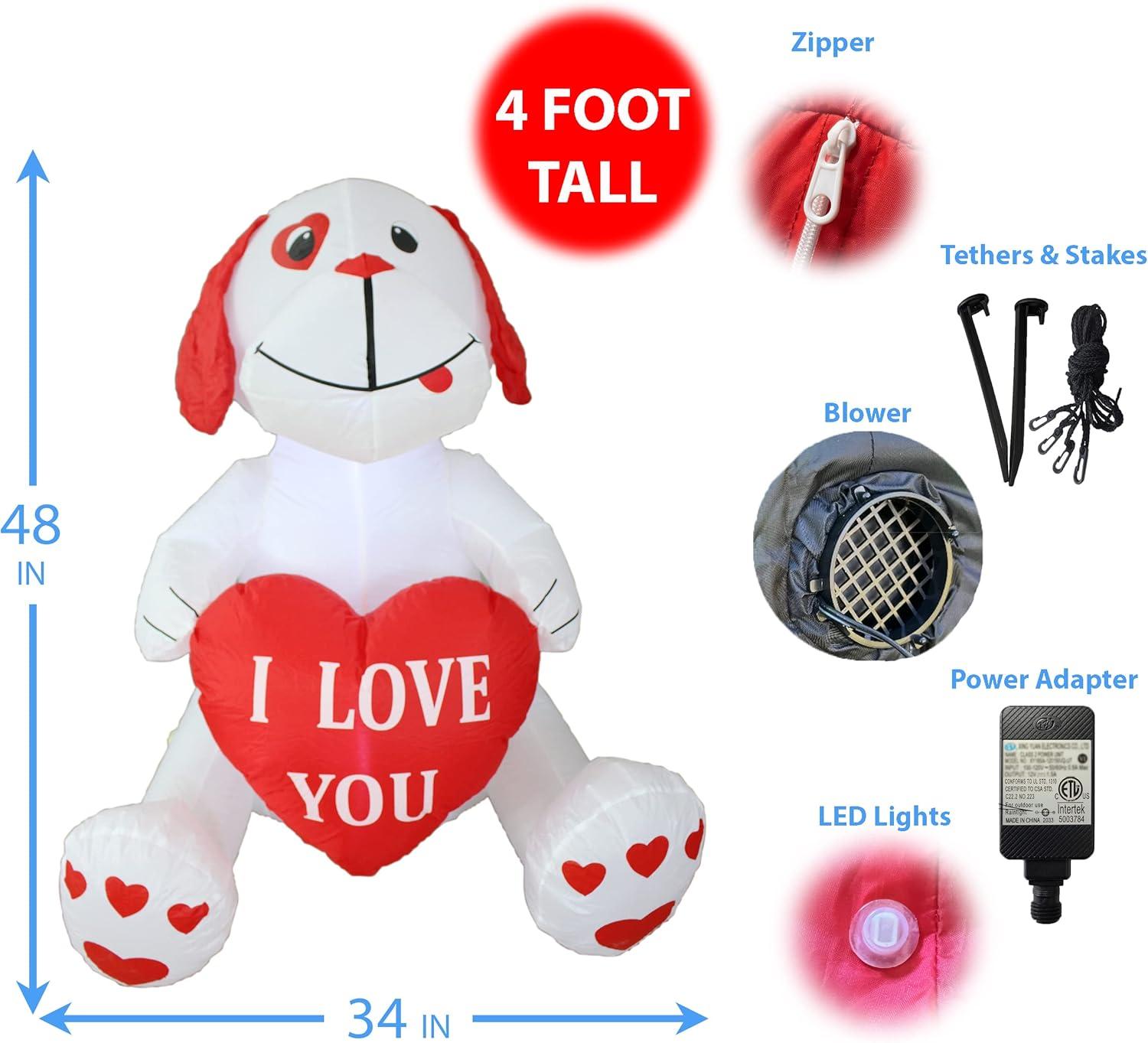 The Holiday Aisle® 4 Foot Tall Lighted Happy Valentine's Inflatable Cute White Puppy Doggy with I Love You Heart Indoor / Outdoor Blow Up Yard Decoration