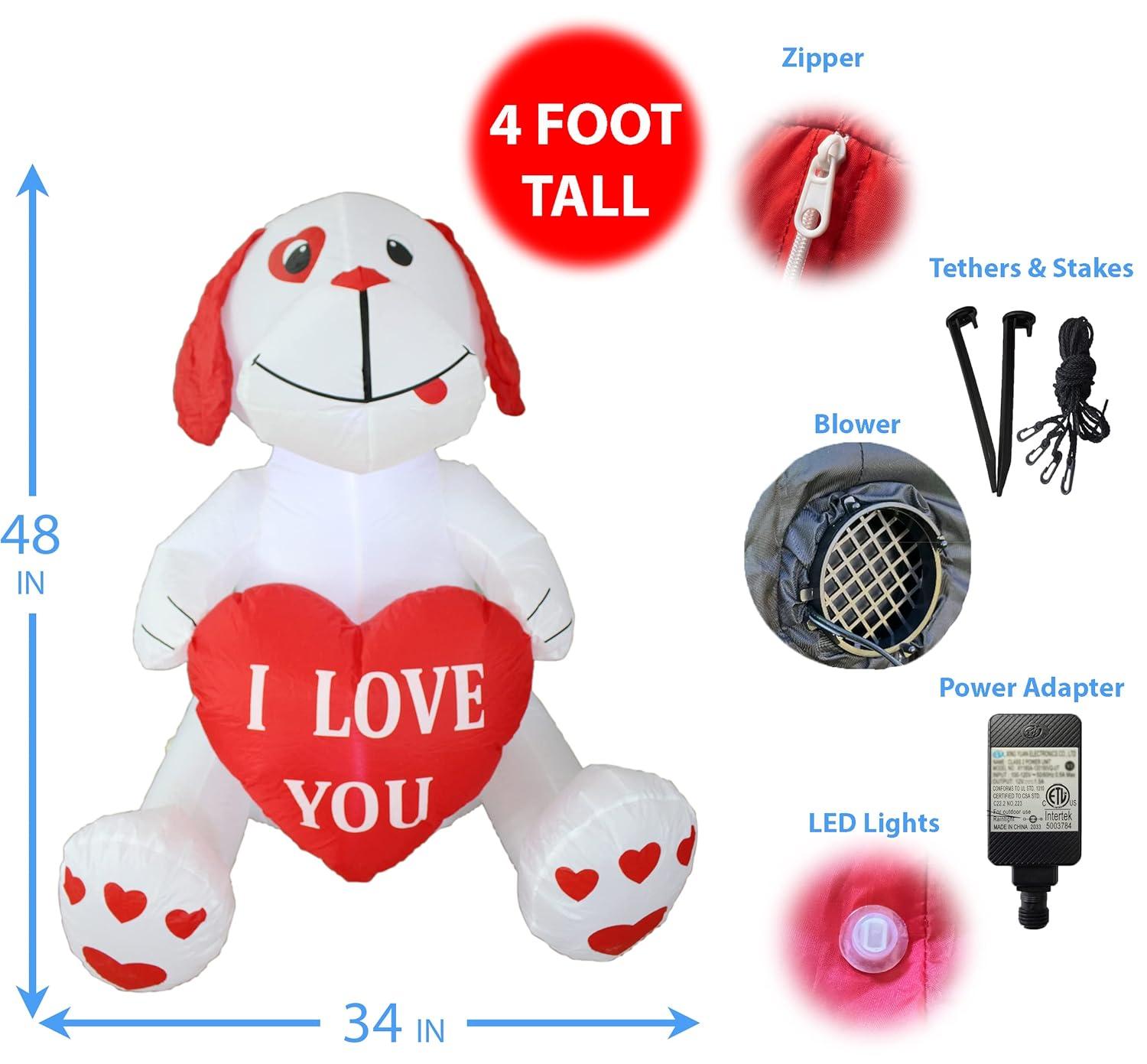 The Holiday Aisle® 4 Foot Tall Lighted Happy Valentine's Inflatable Cute White Puppy Doggy with I Love You Heart Indoor / Outdoor Blow Up Yard Decoration