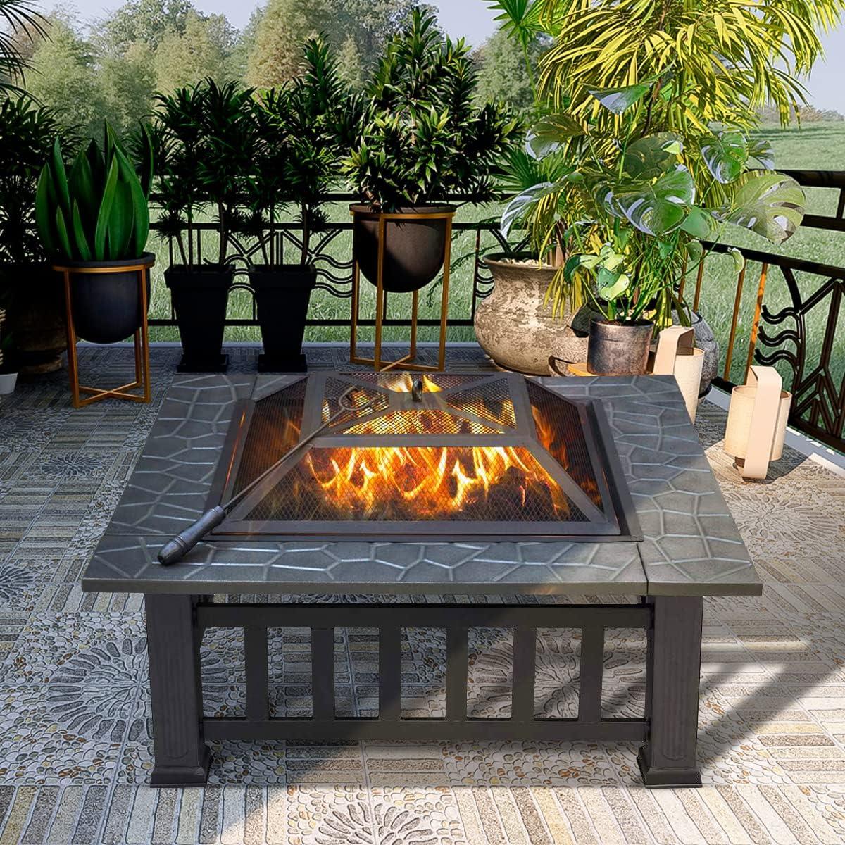 SINGLYFIRE 32 Inch Fire Pit with Table for Outside Square Metal Firepit Black