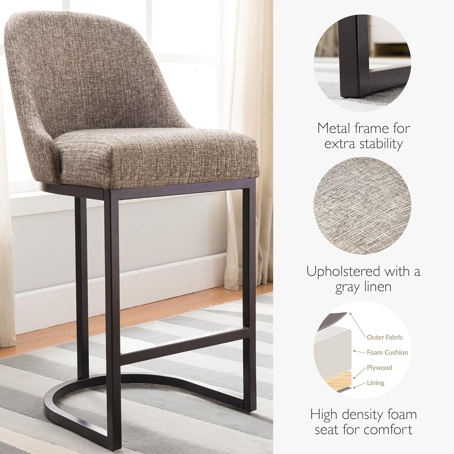 Leick Home Set of 2 Barrelback Counter Height Barstool with Metal Base Espresso/Gray Linen: Upholstered, Steel Legs, Modern Style