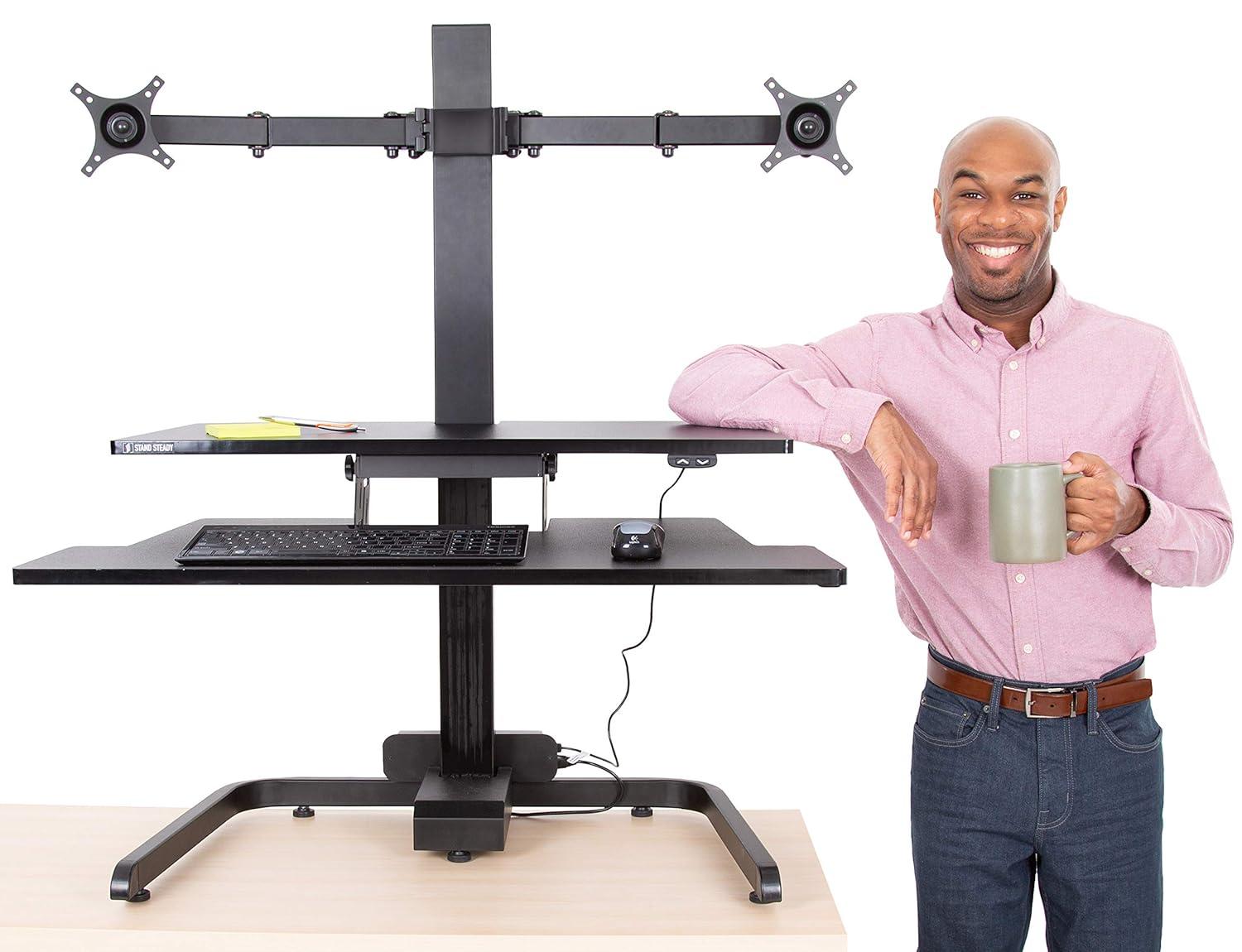 Techtonic Electric 3 Arm Monitor Mount Standing Desk - Sit to Stand Desk Converter with Keyboard Tray – Black – Stand Steady