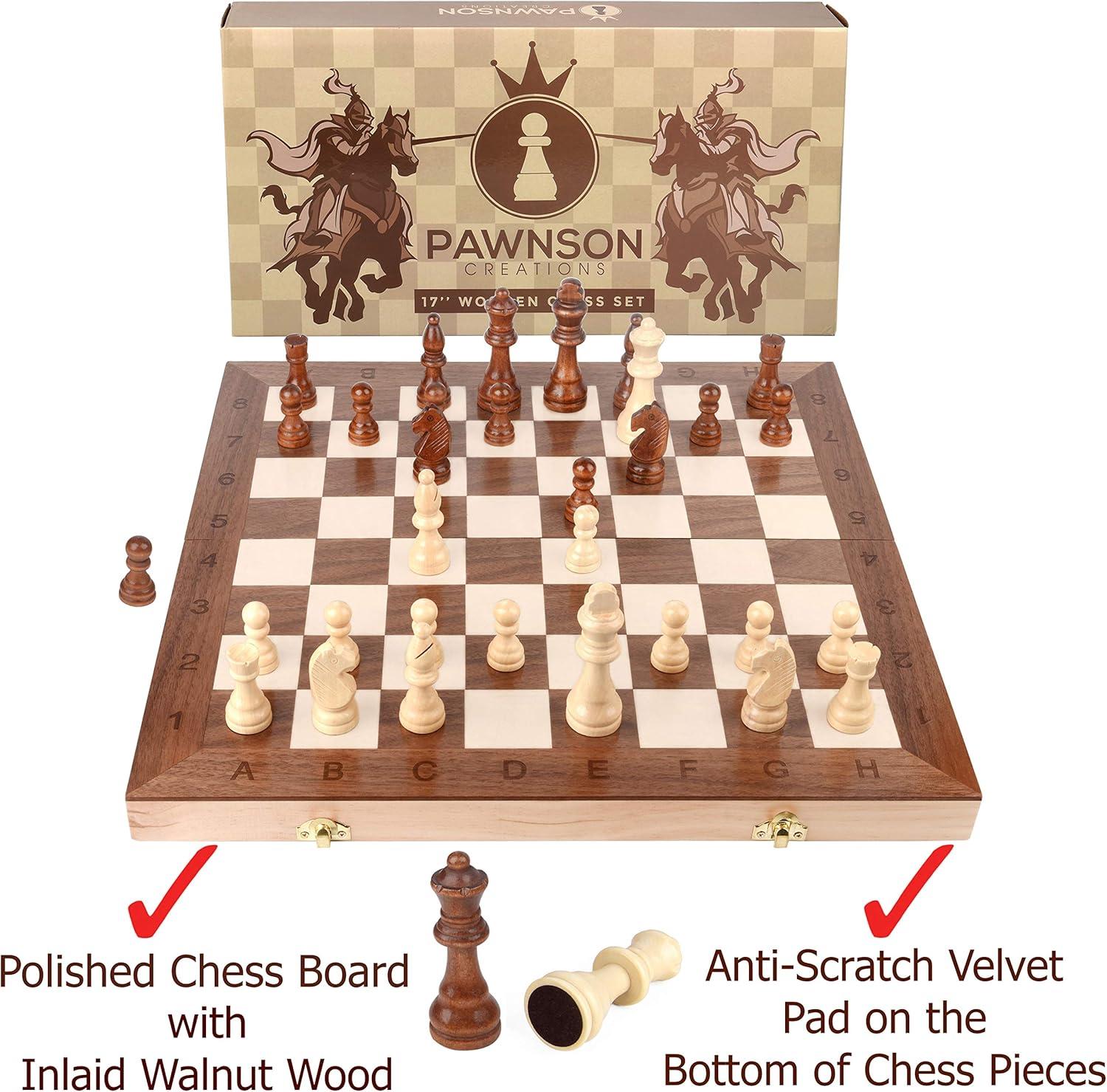 17" Walnut Wood Folding Chess Set with Hand-Carved Pieces