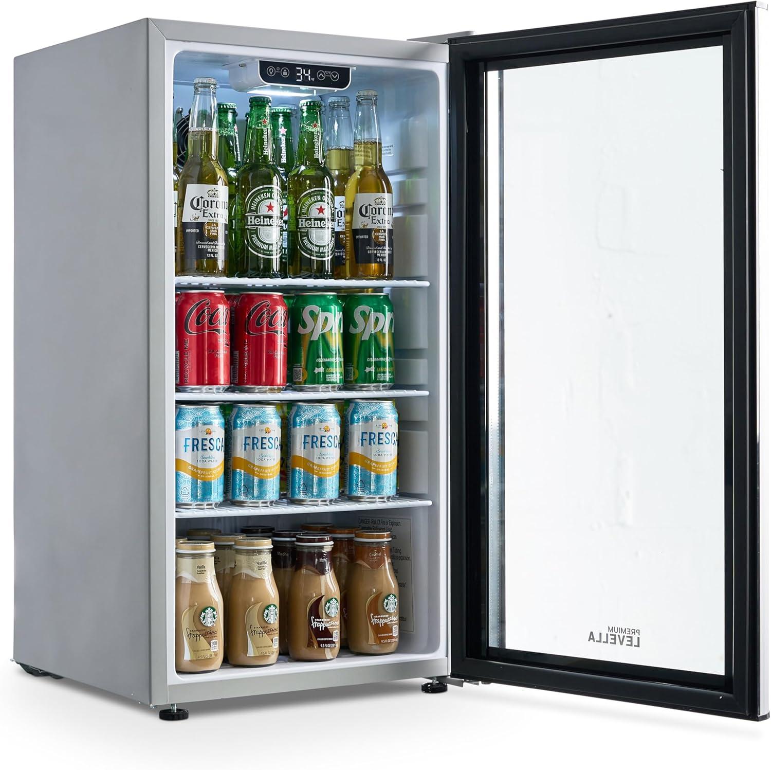 Premium Levella PRF36DX Glass Door Display Refrigerator 3.1 cu ft Commercial Beverage Cooler Merchandiser - Silver