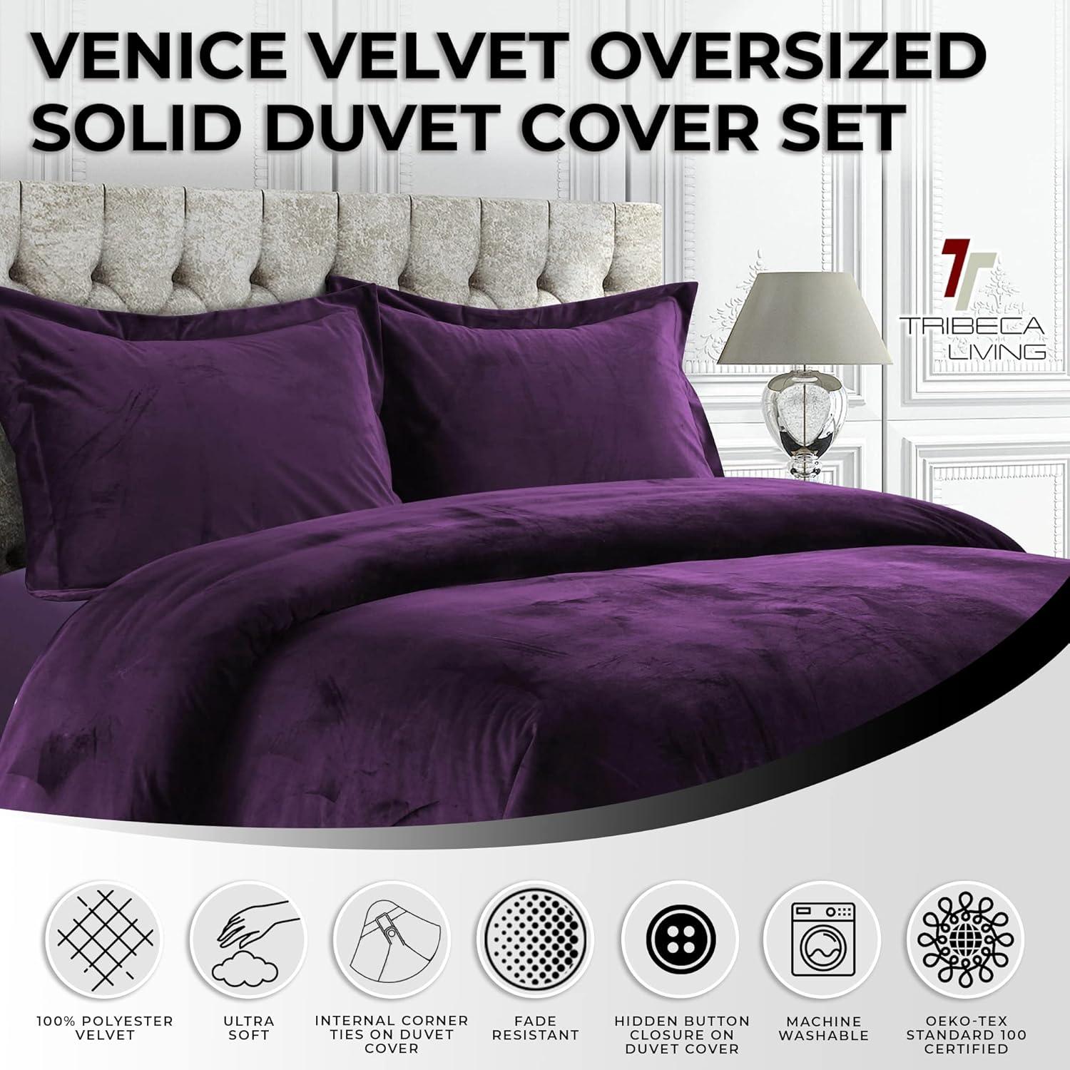 3pc Queen Venice Velvet Oversized Solid Duet Set Purple - Tribeca Living: Luxurious Polyester, Reversible, OEKO-TEX Certified