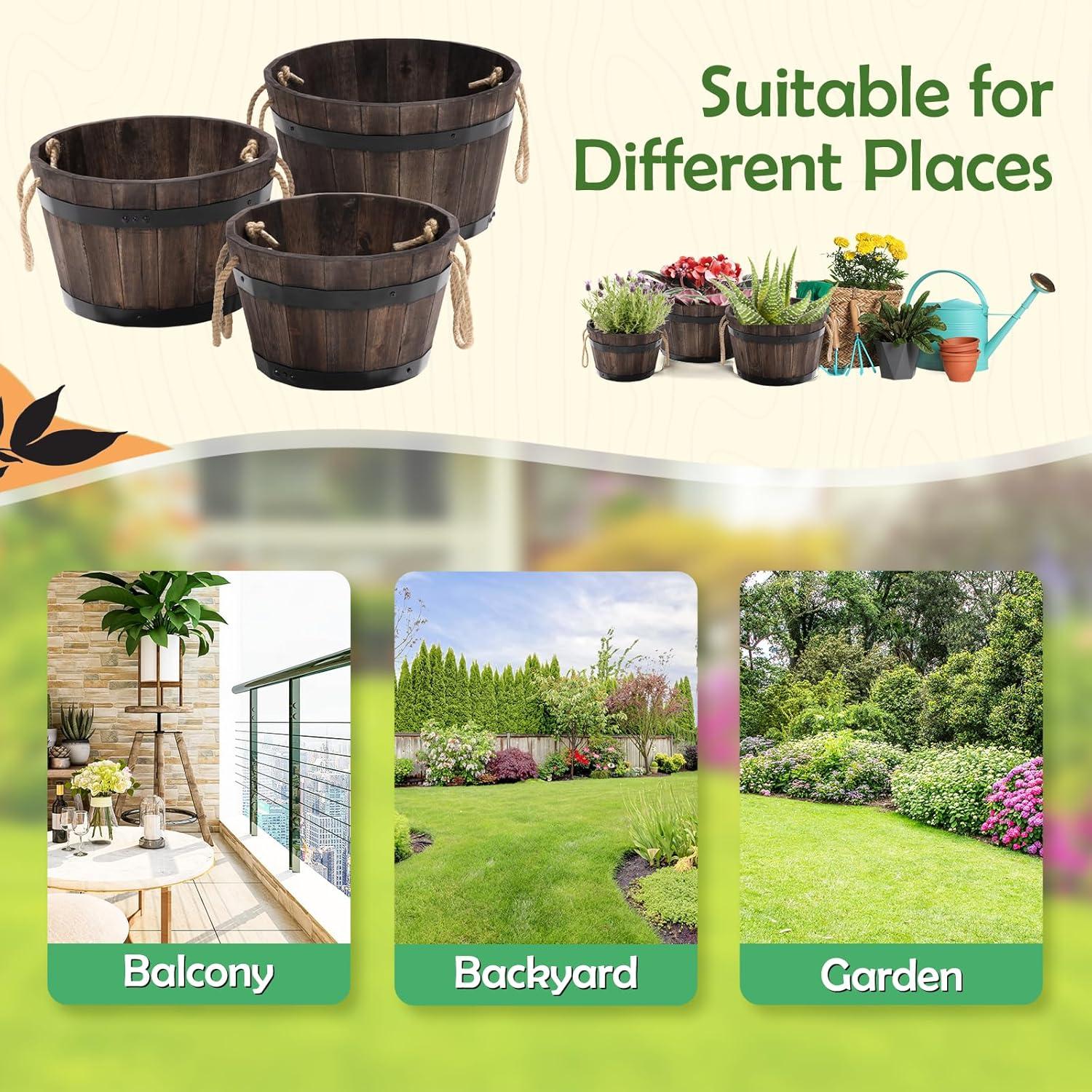 Set of 3 Dark Brown Acacia Wood Round Planter Boxes with Rope Handles